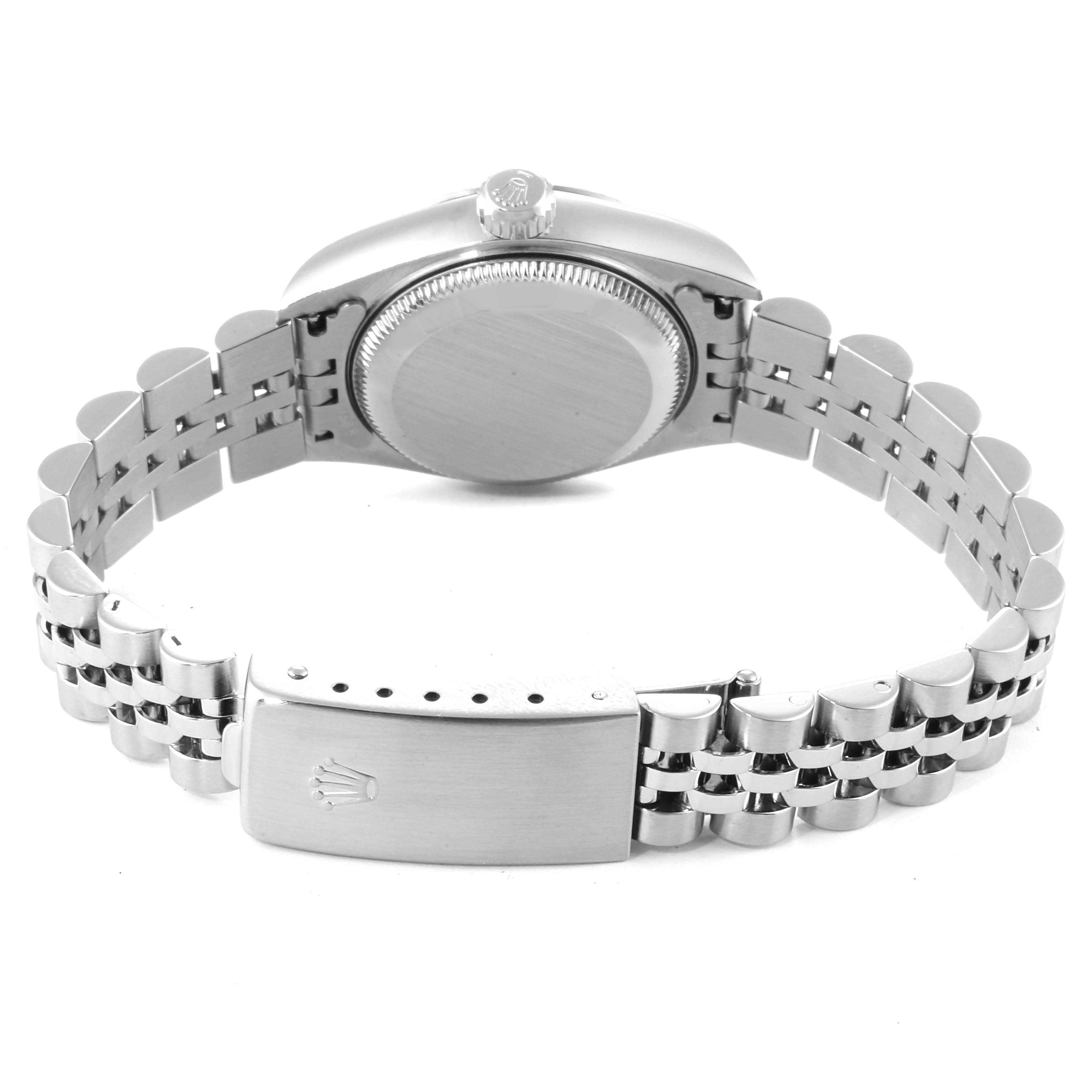 The image shows the back case, clasp, and bracelet of a Rolex Datejust 79174 Women
s Stainless Steel Pink Dial 79174 Women
s Stainless Steel Pink Dial watch from a rear angle.