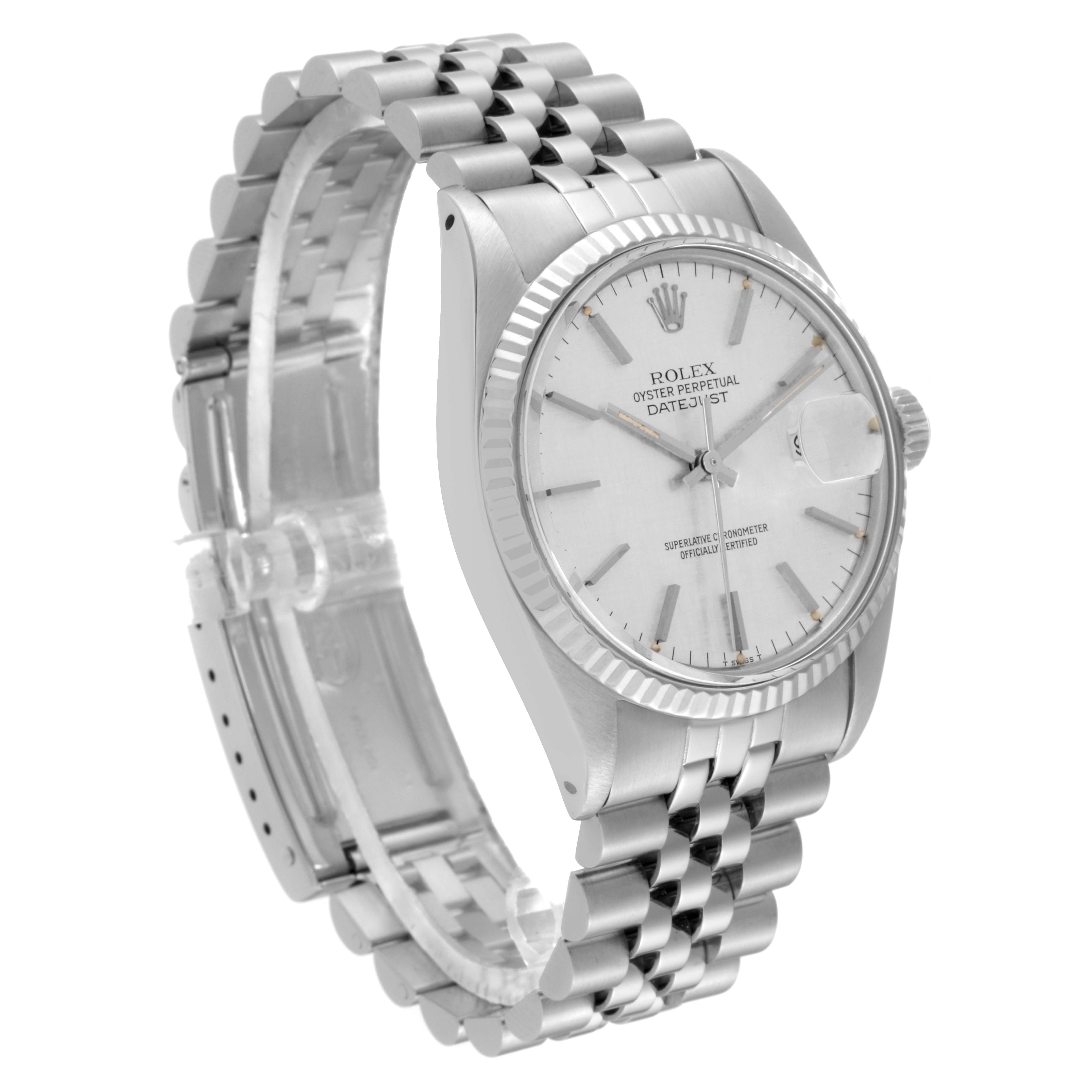 The image shows a side angle of the Rolex Vintage Collection 16014 Men
s Stainless Steel Silver Dial 16014 Men
s Stainless Steel Silver Dial model watch, highlighting the face, bracelet, and clasp.
