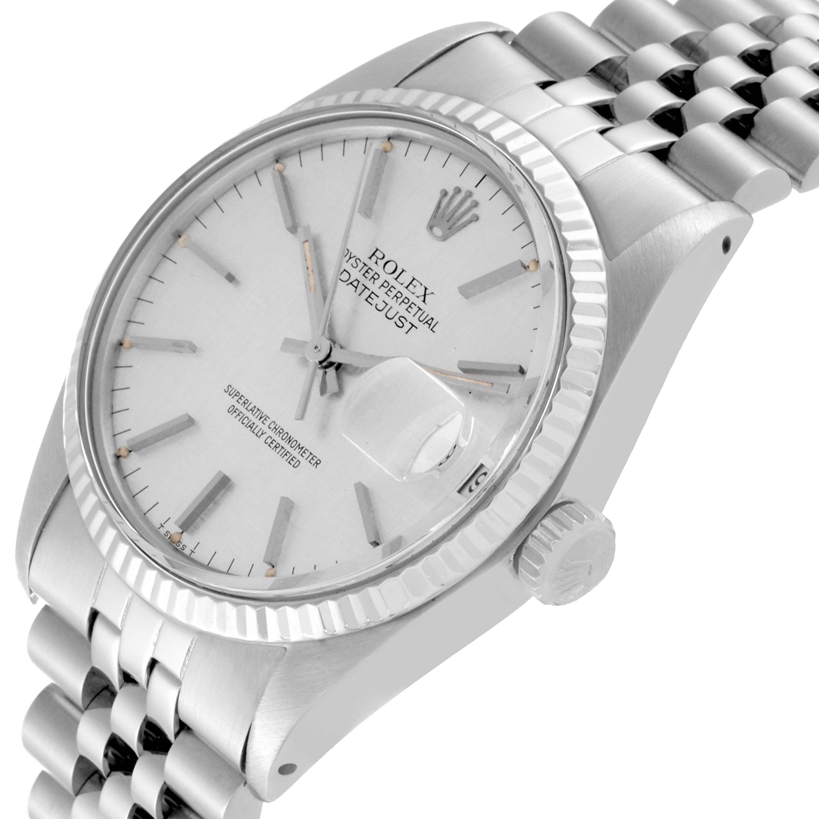 The Rolex Vintage Collection 16014 Men
s Stainless Steel Silver Dial 16014 Men
s Stainless Steel Silver Dial model is shown at an angle highlighting the watch face, bezel, crown, and part of the bracelet.