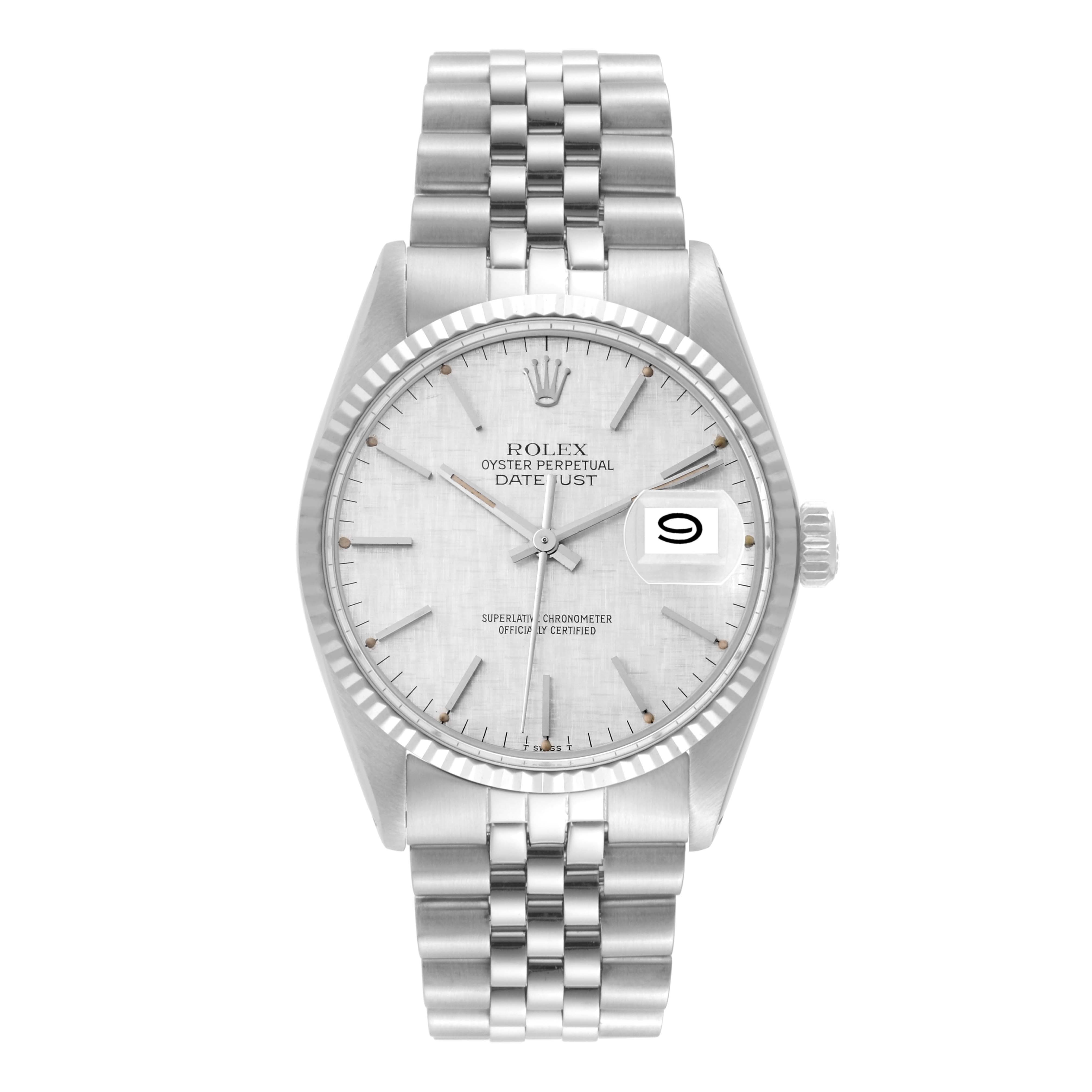 This image shows a front view of the Rolex Vintage Collection 16014 Men
s Stainless Steel Silver Dial 16014 Men
s Stainless Steel Silver Dial Datejust watch, highlighting its face, hands, date window, and bracelet.
