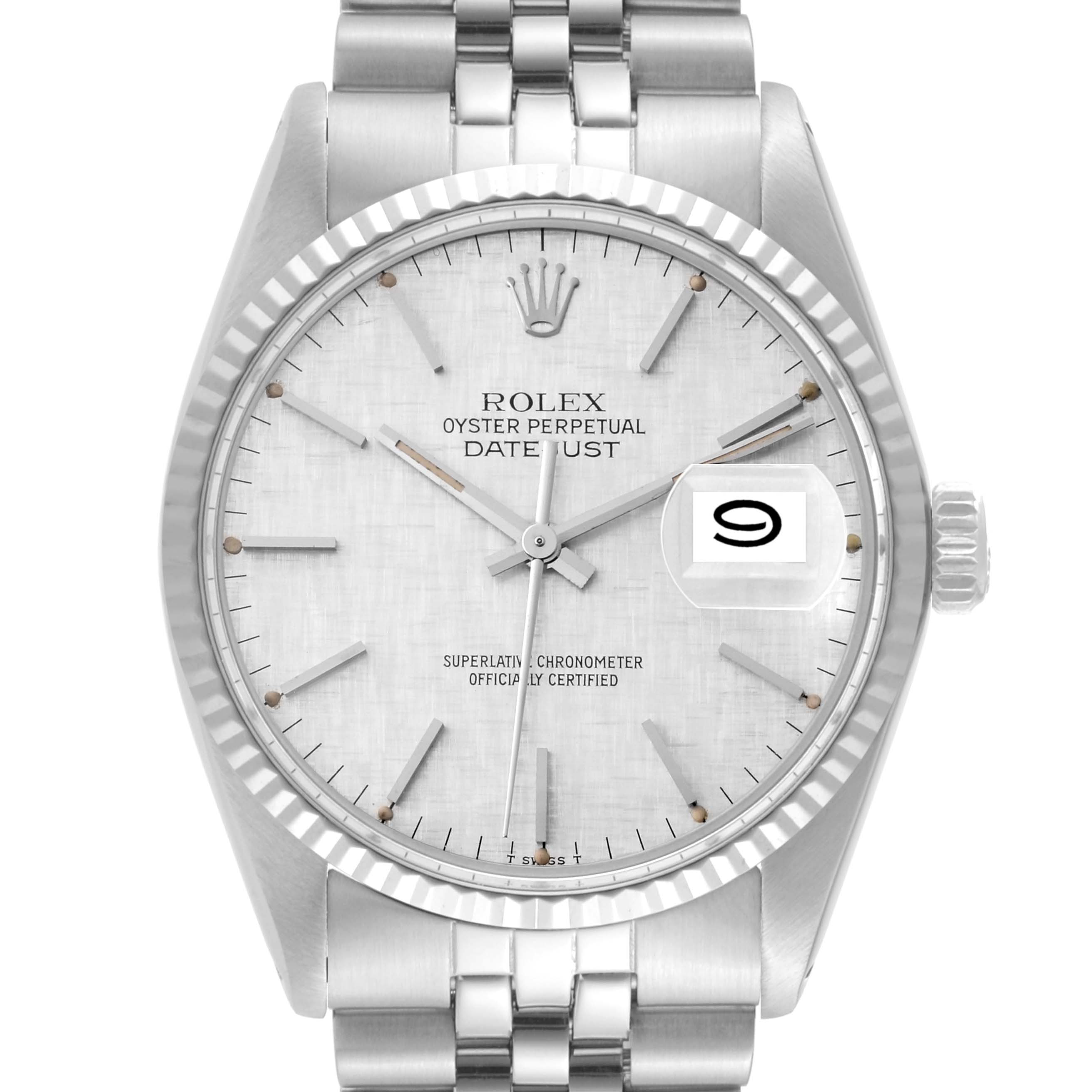 This image shows a front view of the Rolex Vintage Collection 16014 Men
s Stainless Steel Silver Dial 16014 Men
s Stainless Steel Silver Dial Oyster Perpetual Datejust watch, highlighting its dial, hands, date window, and bracelet.