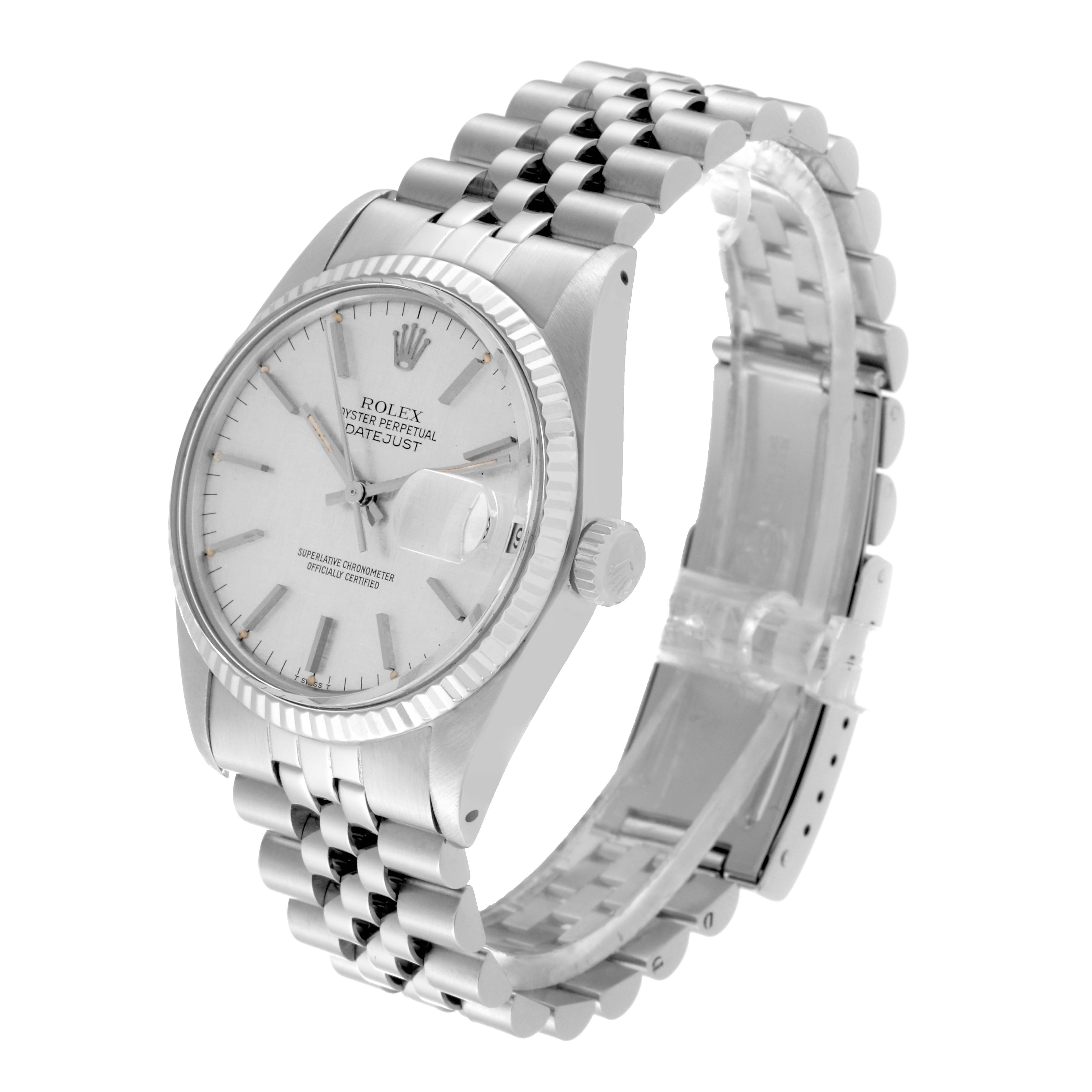 The Rolex Vintage Collection 16014 Men
s Stainless Steel Silver Dial 16014 Men
s Stainless Steel Silver Dial model watch is shown at an angled side view, highlighting the bracelet, bezel, dial, and crown.