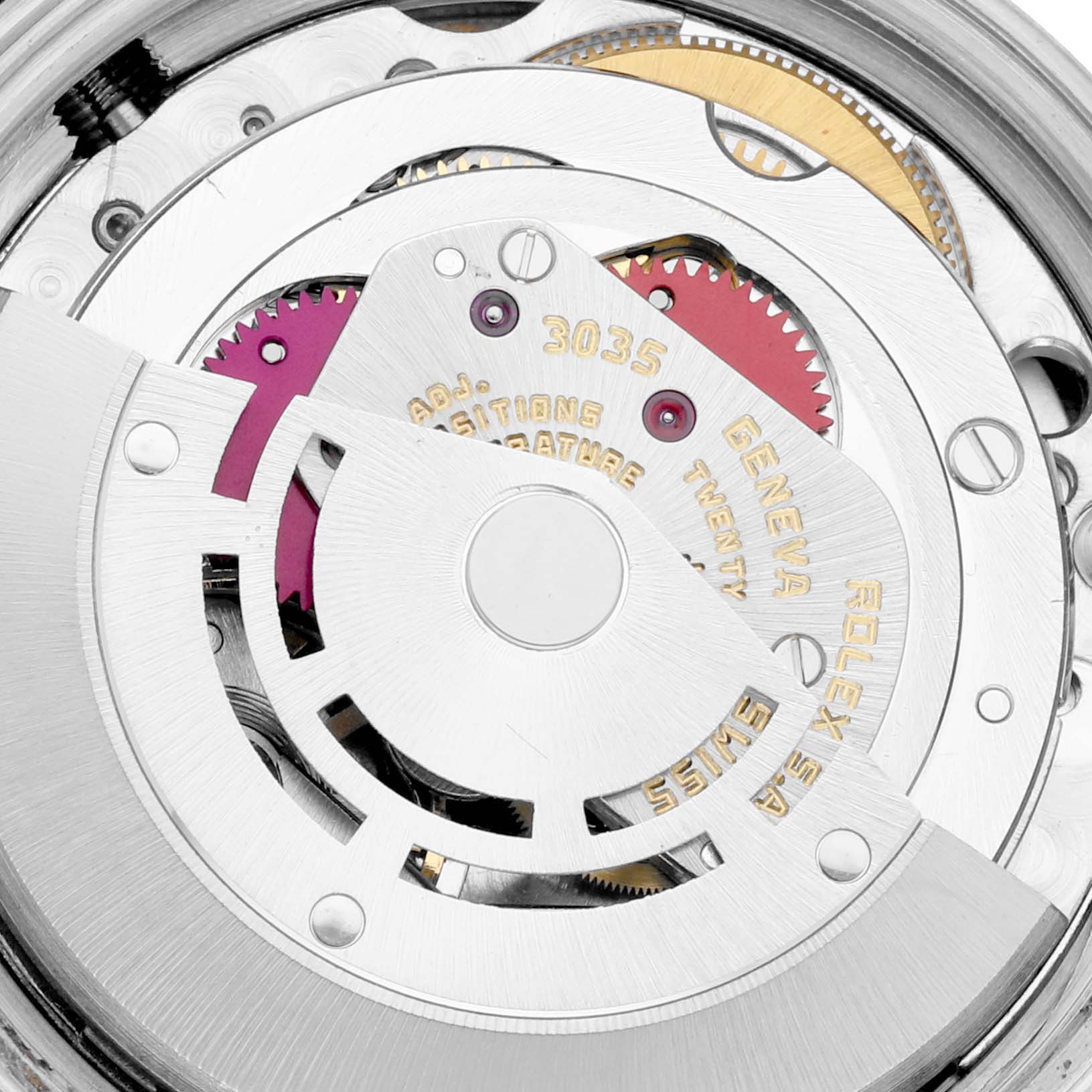 The image shows a close-up of the Rolex Vintage Collection 16014 Men
s Stainless Steel Silver Dial 16014 Men
s Stainless Steel Silver Dial watch
s internal mechanical movement, highlighting gears and inscriptions.