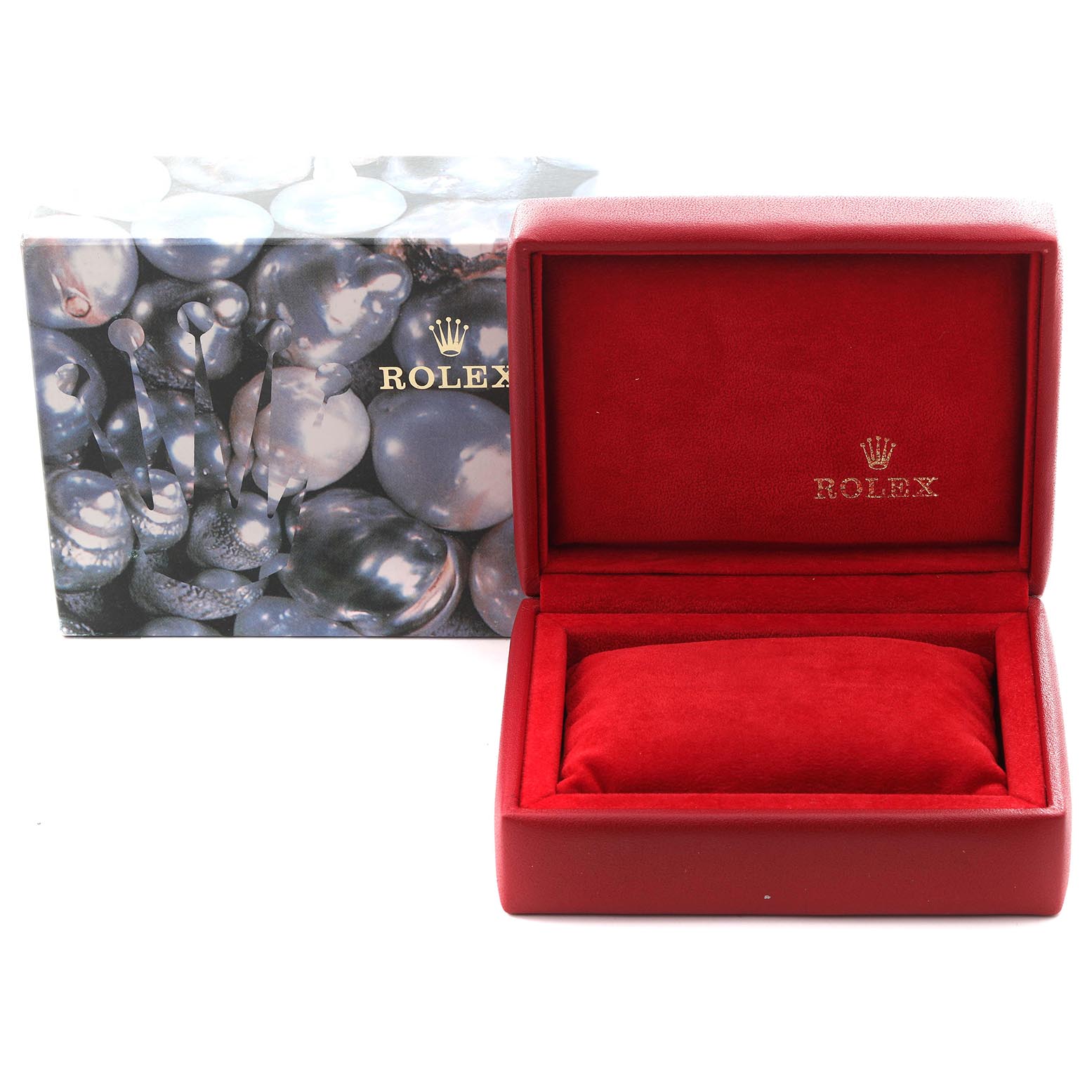 The image shows a Rolex Datejust 179173 Women's Steel and Gold (two tone) Champagne Dial 179173 Women's Steel and Gold (two tone) Champagne Dial watch box and outer packaging, with a red interior and cushion displayed.