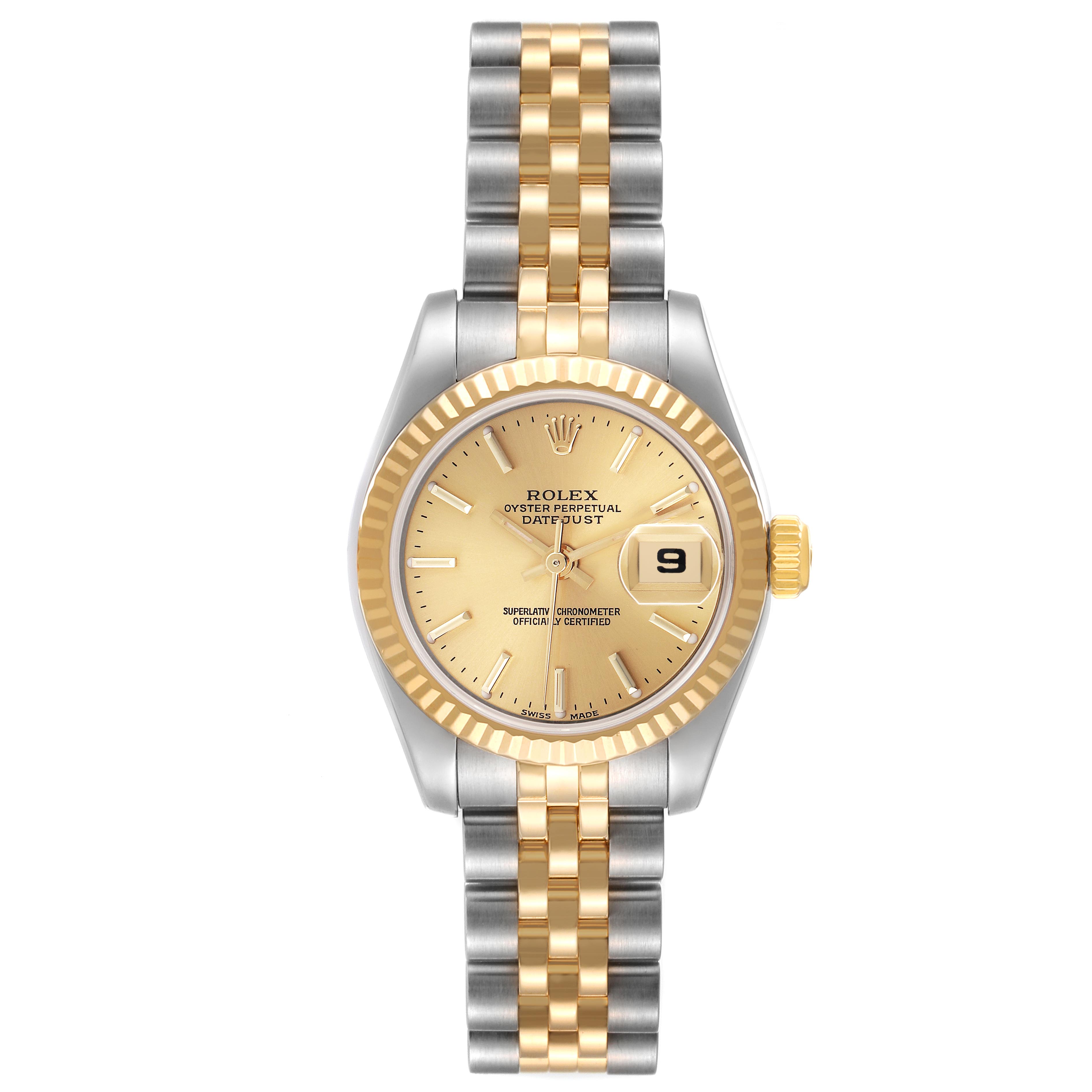 The Rolex Datejust 179173 Women's Steel and Gold (two tone) Champagne Dial 179173 Women's Steel and Gold (two tone) Champagne Dial is shown from the front, featuring the dial, bezel, and two-tone bracelet.