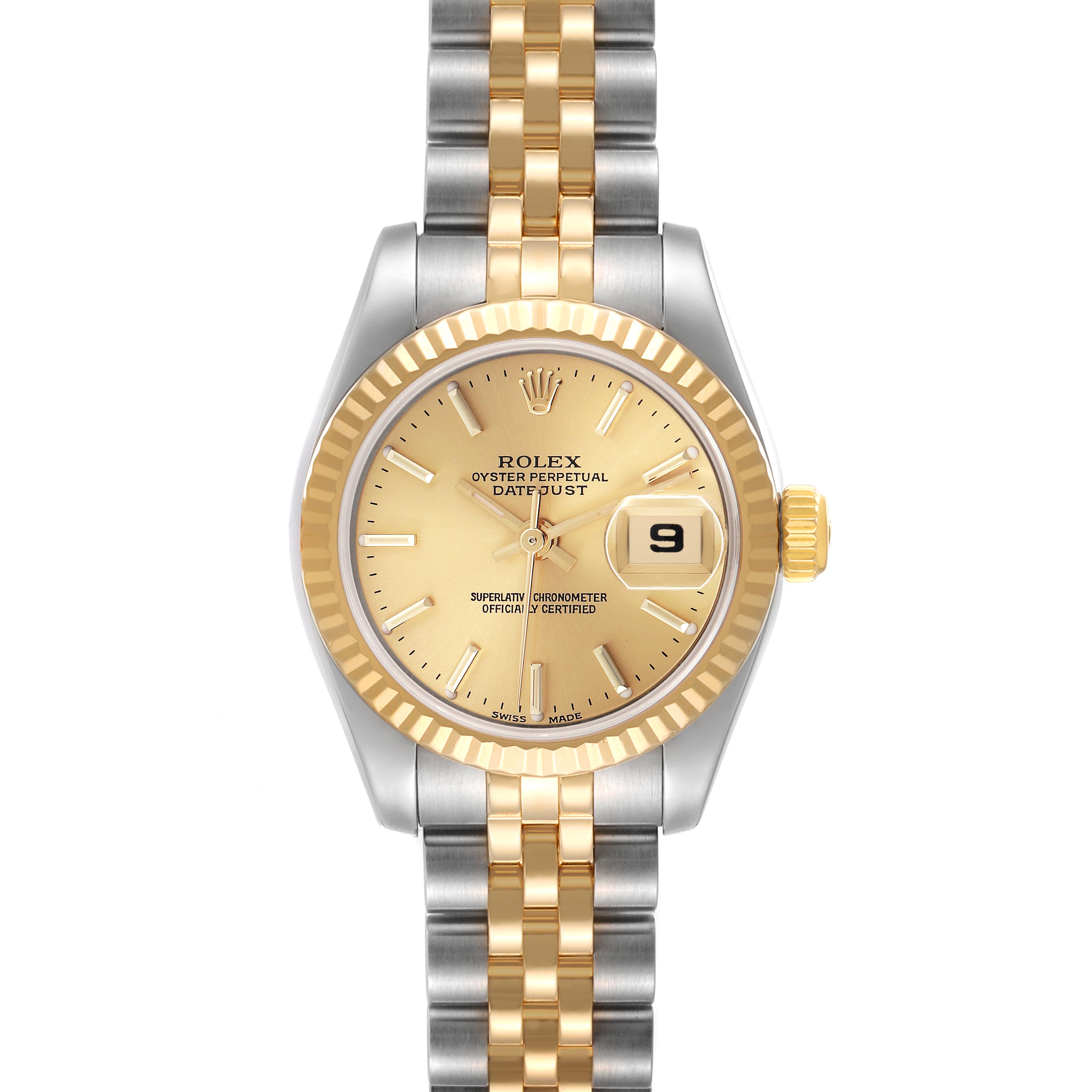 The Rolex Datejust 179173 Women's Steel and Gold (two tone) Champagne Dial 179173 Women's Steel and Gold (two tone) Champagne Dial watch is shown from a top-down angle, displaying the dial, bezel, and Jubilee bracelet.
