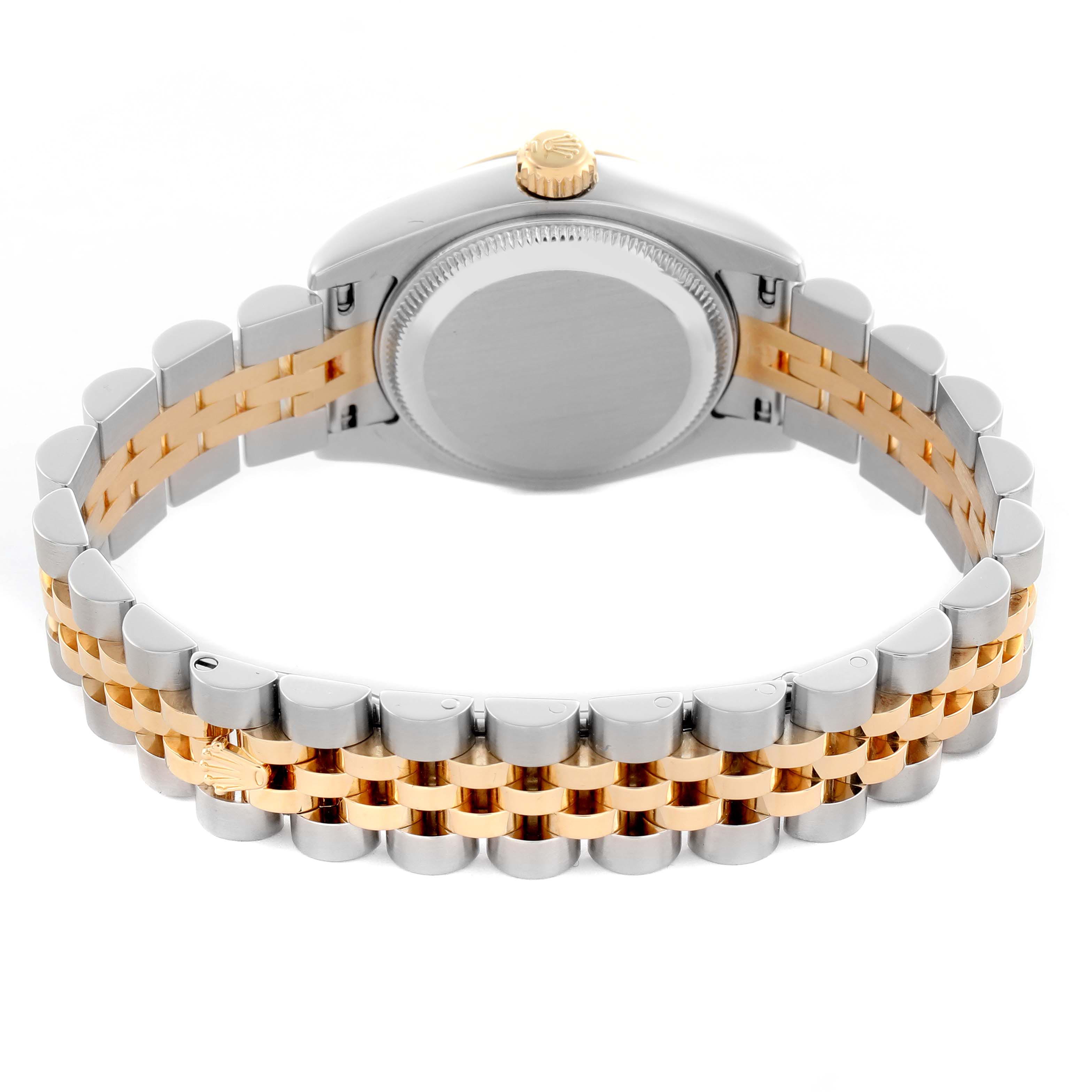 The image shows the back and bracelet of a Rolex Datejust 179173 Women's Steel and Gold (two tone) Champagne Dial 179173 Women's Steel and Gold (two tone) Champagne Dial, highlighting the clasp and crown.
