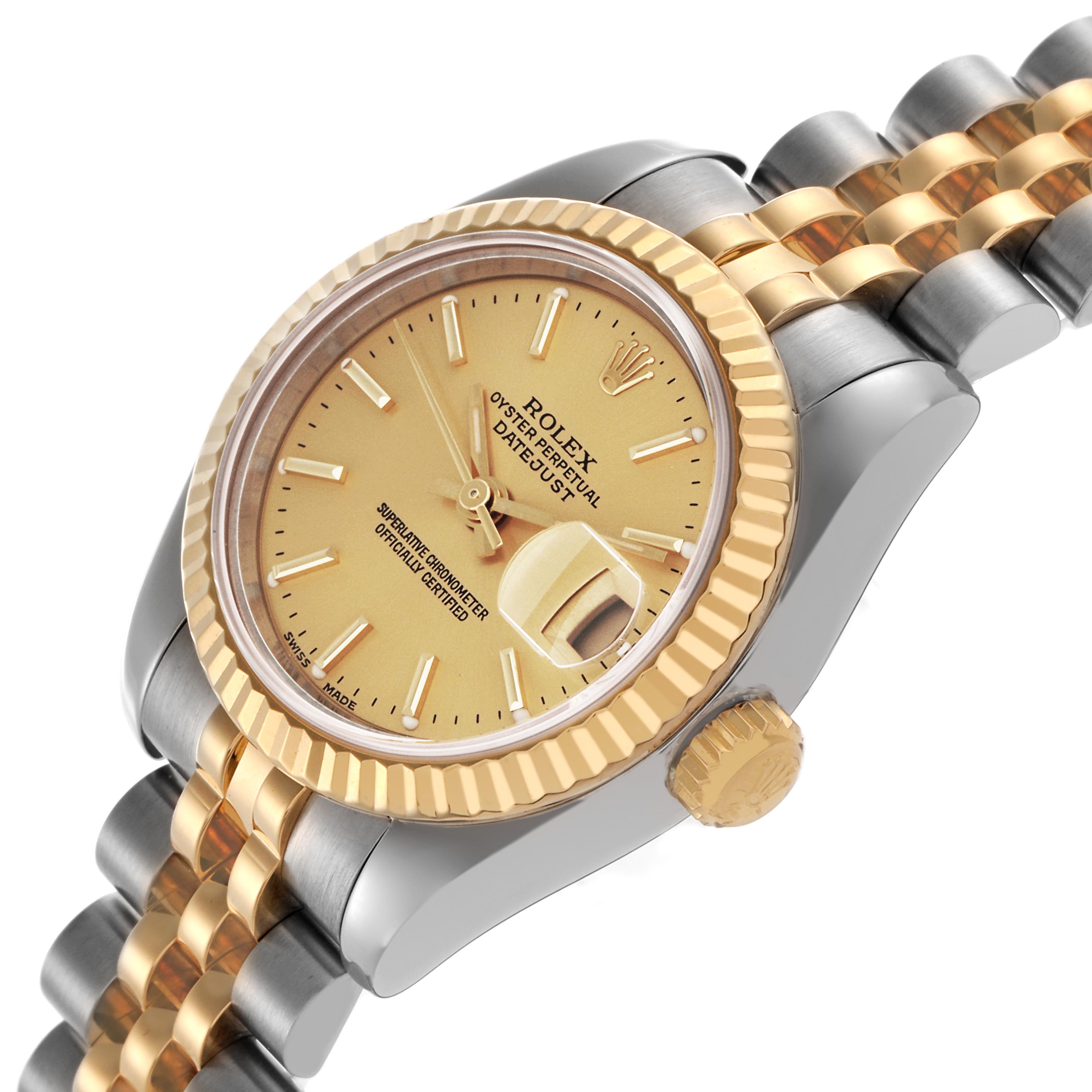 The image shows a Rolex Datejust 179173 Women's Steel and Gold (two tone) Champagne Dial 179173 Women's Steel and Gold (two tone) Champagne Dial watch at an angled side view, highlighting the gold and silver bracelet, bezel, dial, and crown.