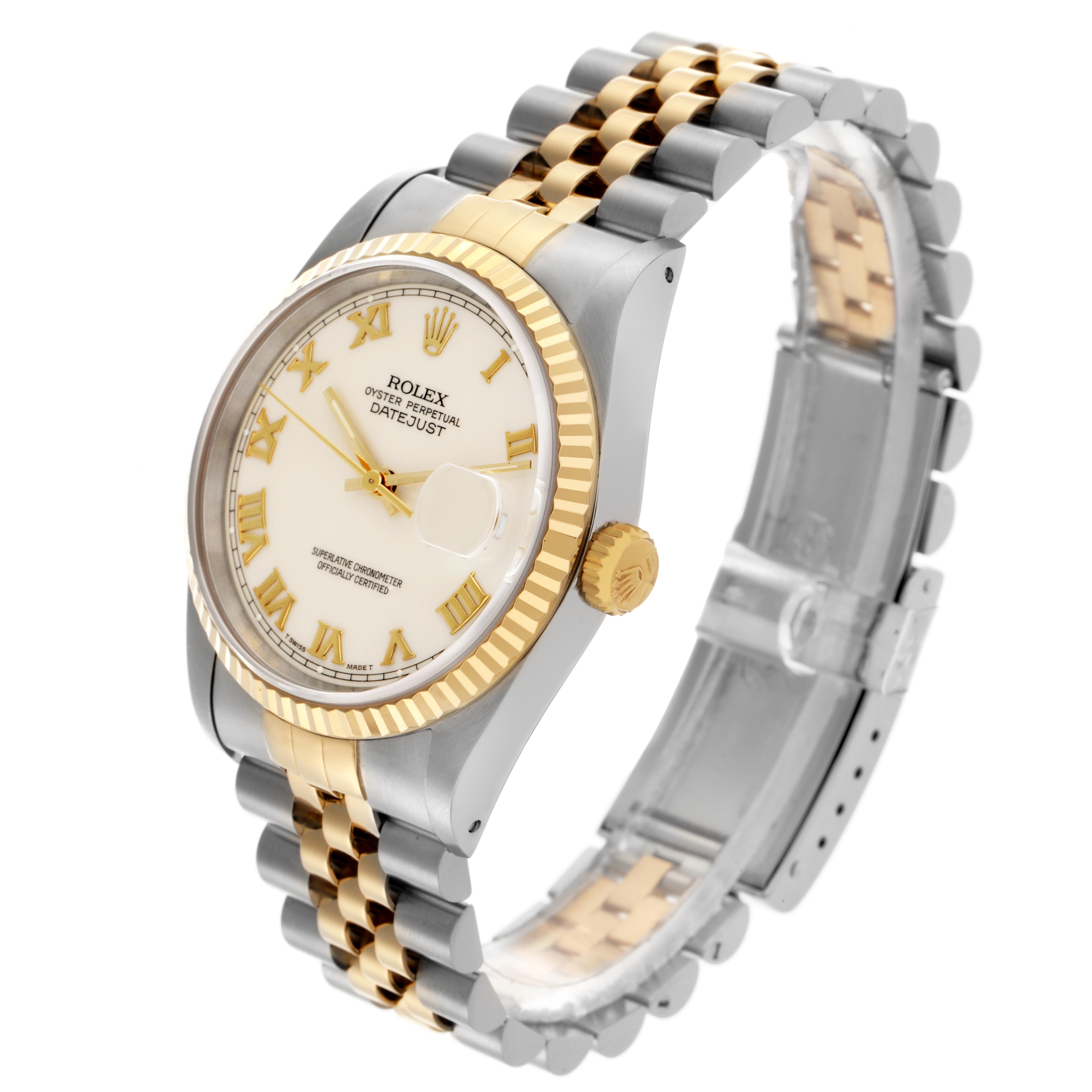 The Rolex Datejust 16233 Men's Steel and Gold (two tone) Beige Dial 16233 Men's Steel and Gold (two tone) Beige Dial watch is shown at a three-quarter angle, highlighting the silver and gold Jubilee bracelet, fluted bezel, and dial.