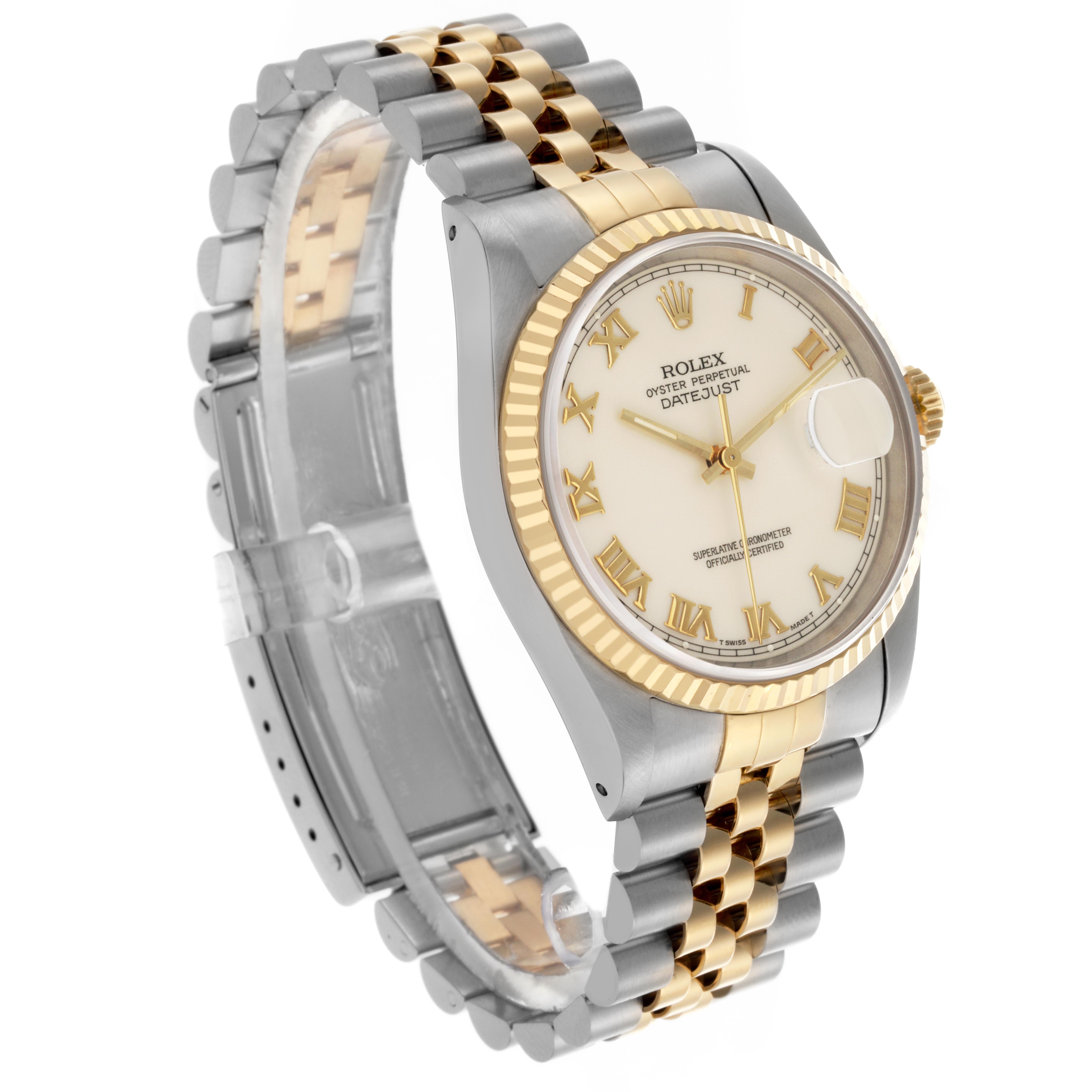 The Rolex Datejust 16233 Men's Steel and Gold (two tone) Beige Dial 16233 Men's Steel and Gold (two tone) Beige Dial watch is shown at a front angle, highlighting the dial, bezel, and two-tone bracelet.