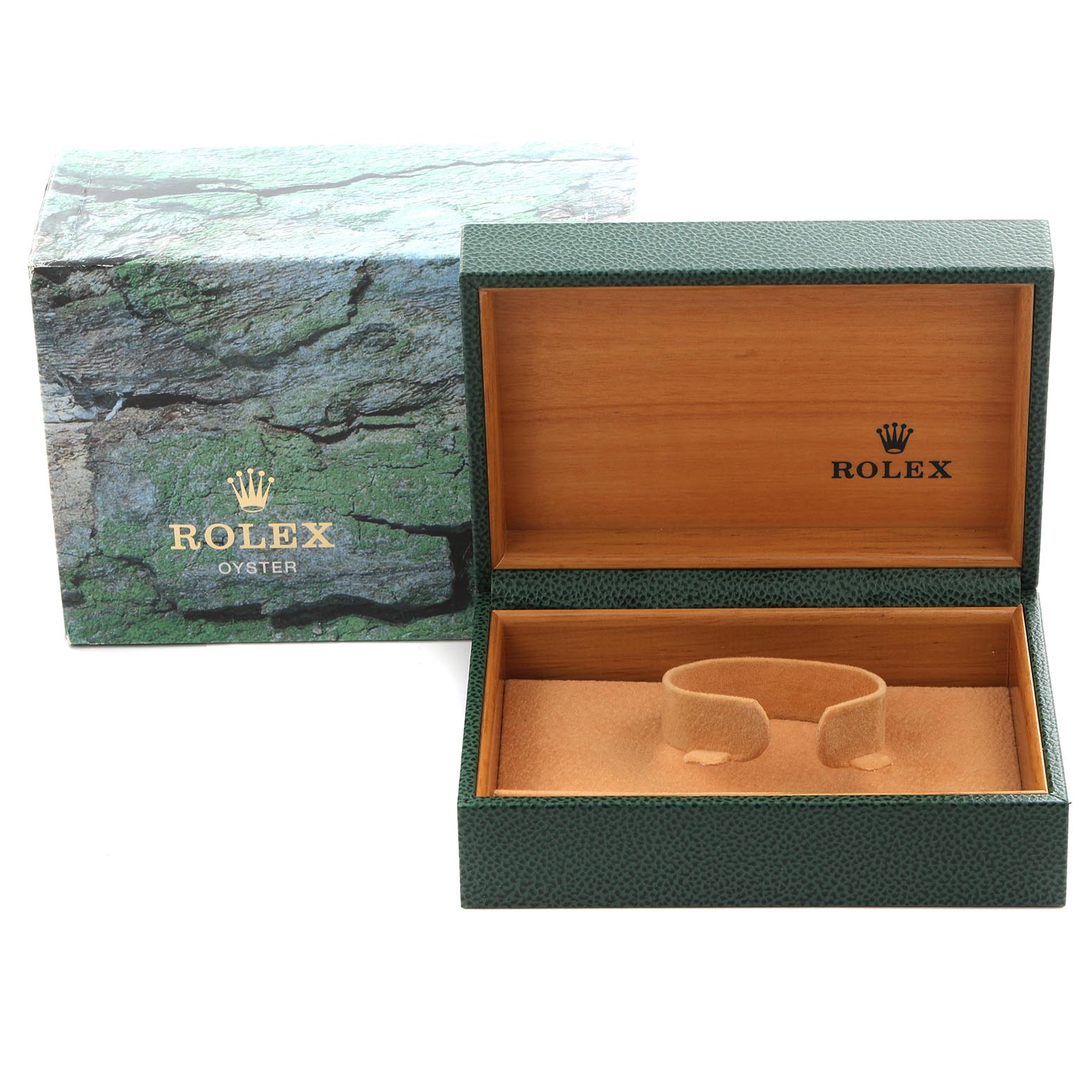 The image shows an open Rolex Datejust 16233 Men's Steel and Gold (two tone) Beige Dial 16233 Men's Steel and Gold (two tone) Beige Dial watch box from the side, displaying its textured exterior and interior compartments.