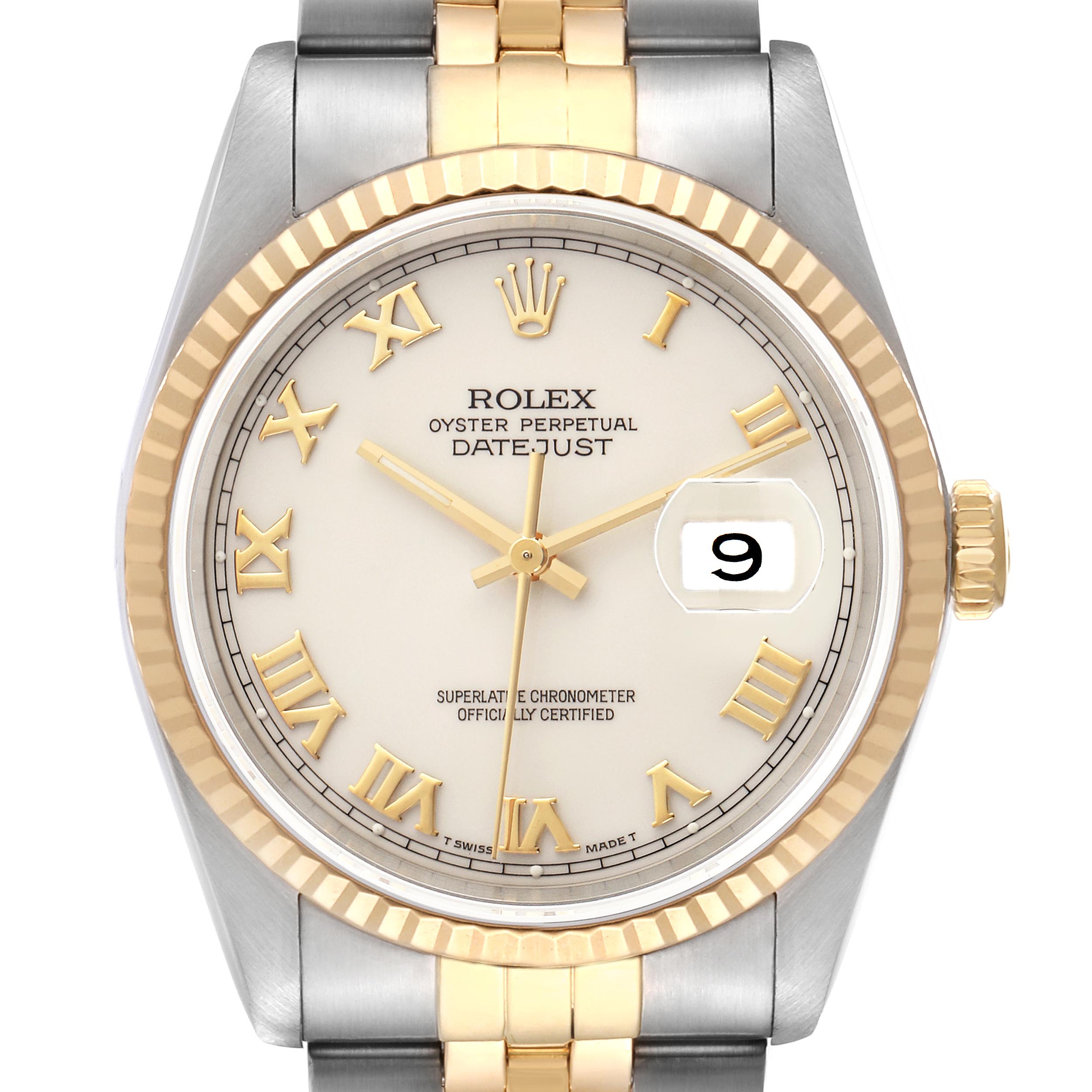 The Rolex Datejust 16233 Men's Steel and Gold (two tone) Beige Dial 16233 Men's Steel and Gold (two tone) Beige Dial watch is shown from a front view, highlighting its gold fluted bezel, Roman numeral dial, and two-tone bracelet.