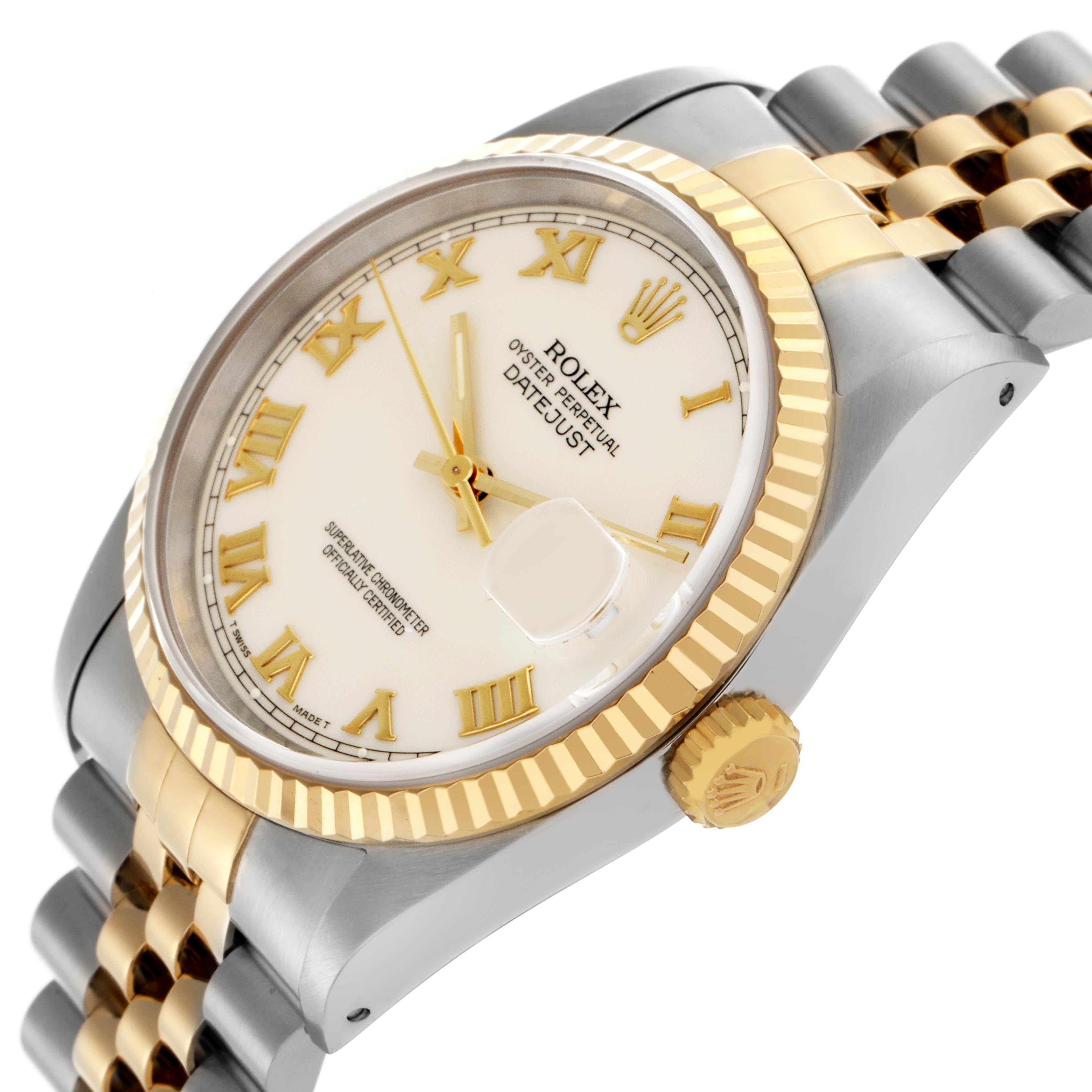 The Rolex Datejust 16233 Men's Steel and Gold (two tone) Beige Dial 16233 Men's Steel and Gold (two tone) Beige Dial watch is shown at an angled view, highlighting the face, bezel, crown, and bracelet.