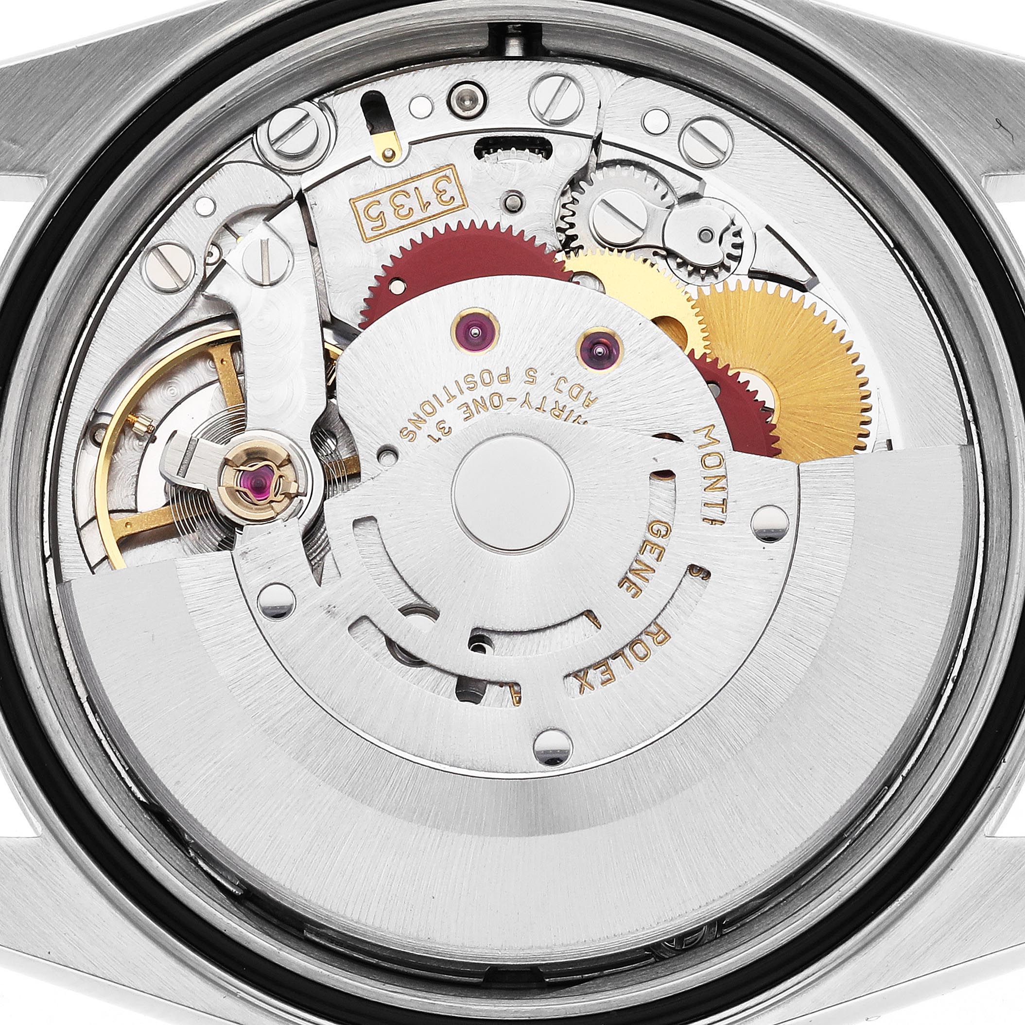 The image shows the Rolex Datejust 16233 Men's Steel and Gold (two tone) Beige Dial 16233 Men's Steel and Gold (two tone) Beige Dial movement from the back, highlighting gears, jewels, and the rotor.