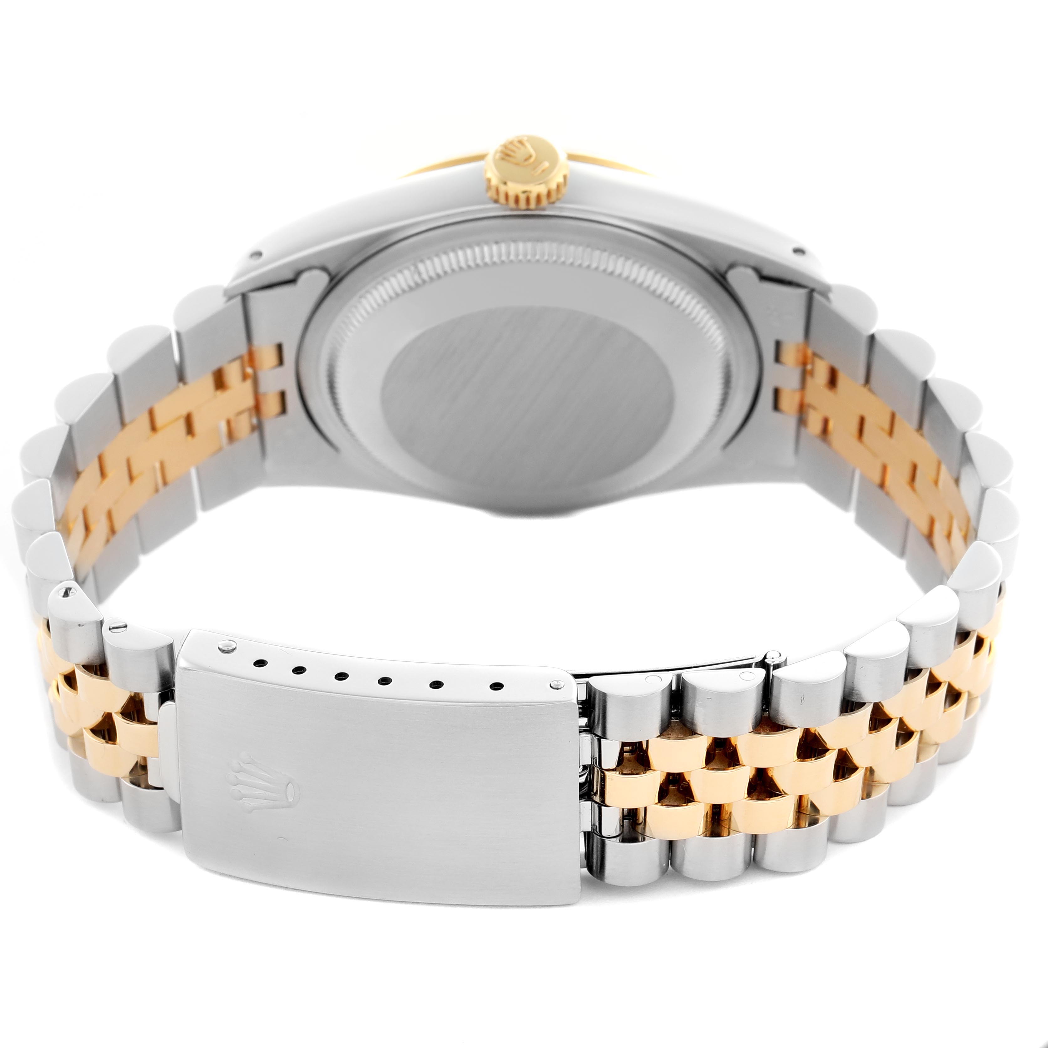 The image shows the back angle of the Rolex Datejust 16233 Men's Steel and Gold (two tone) Beige Dial 16233 Men's Steel and Gold (two tone) Beige Dial watch, highlighting the case back, crown, and two-tone bracelet with clasp.