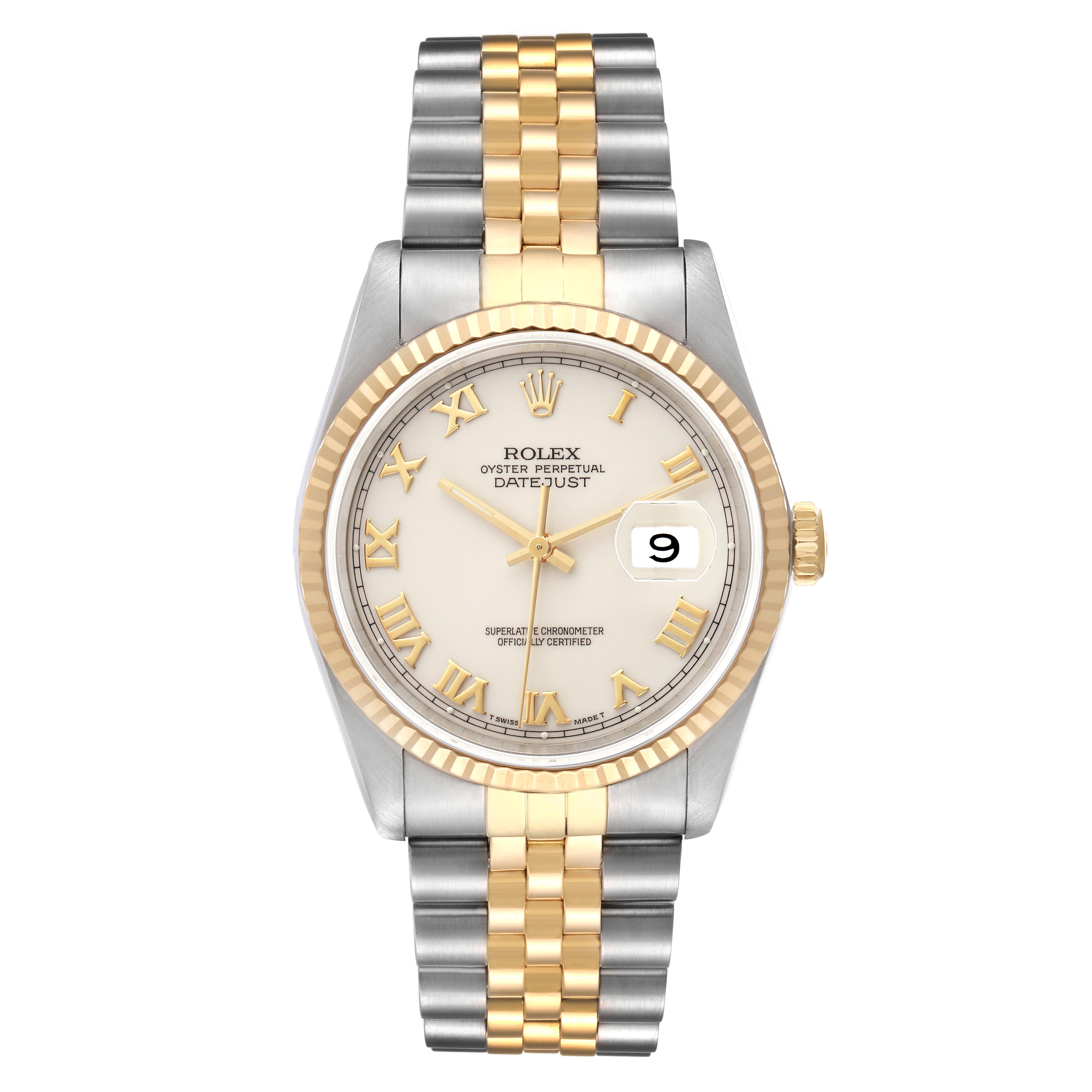 The Rolex Datejust 16233 Men's Steel and Gold (two tone) Beige Dial 16233 Men's Steel and Gold (two tone) Beige Dial watch is shown from the front, highlighting the bezel, dial, bracelet, and date magnification.
