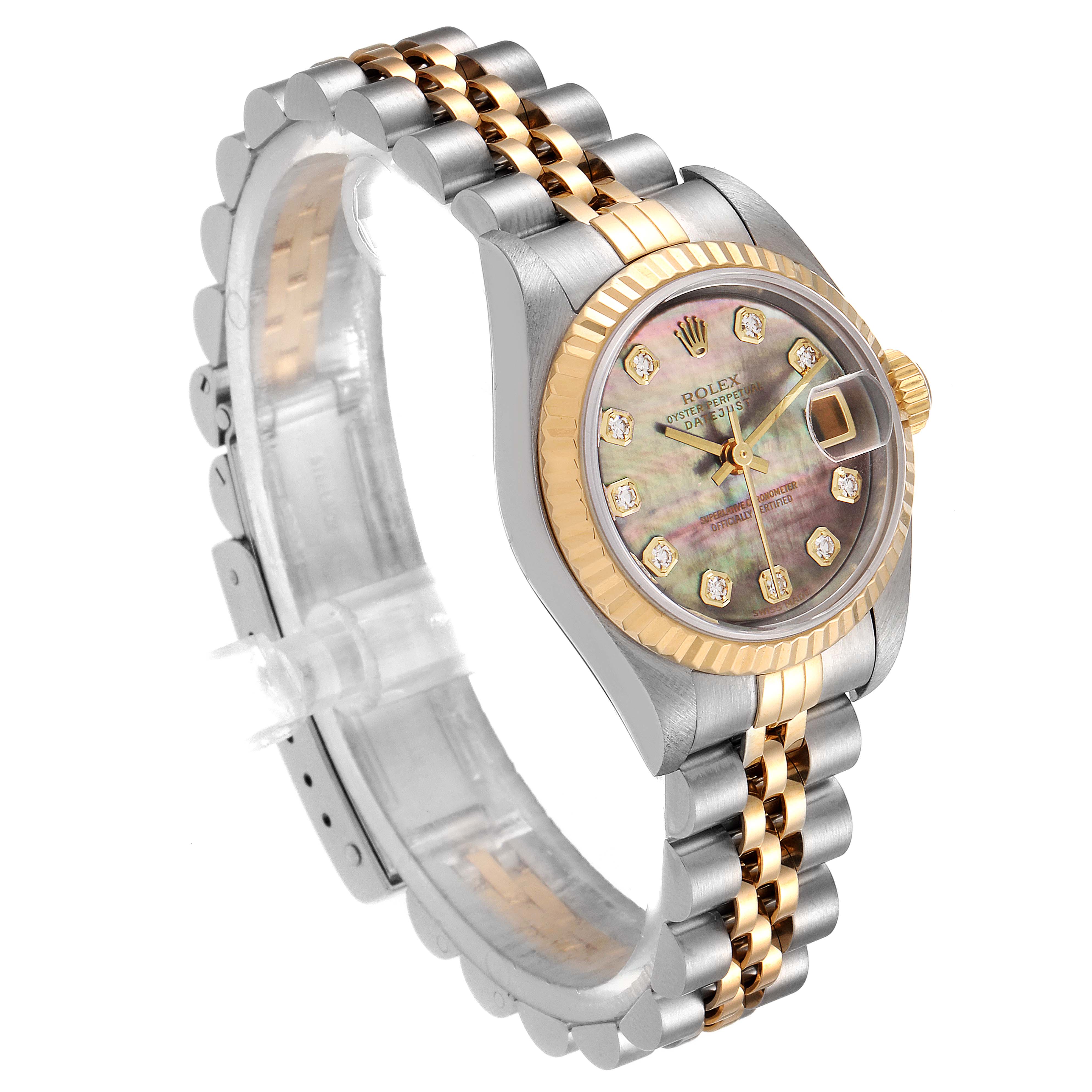 This image shows a side-angle view of a Rolex Datejust 79173 Women's Steel and Gold (two tone) Mother of Pearl Dial 79173 Women's Steel and Gold (two tone) Mother of Pearl Dial watch, featuring a two-tone band, fluted bezel, and diamond-accented dial.