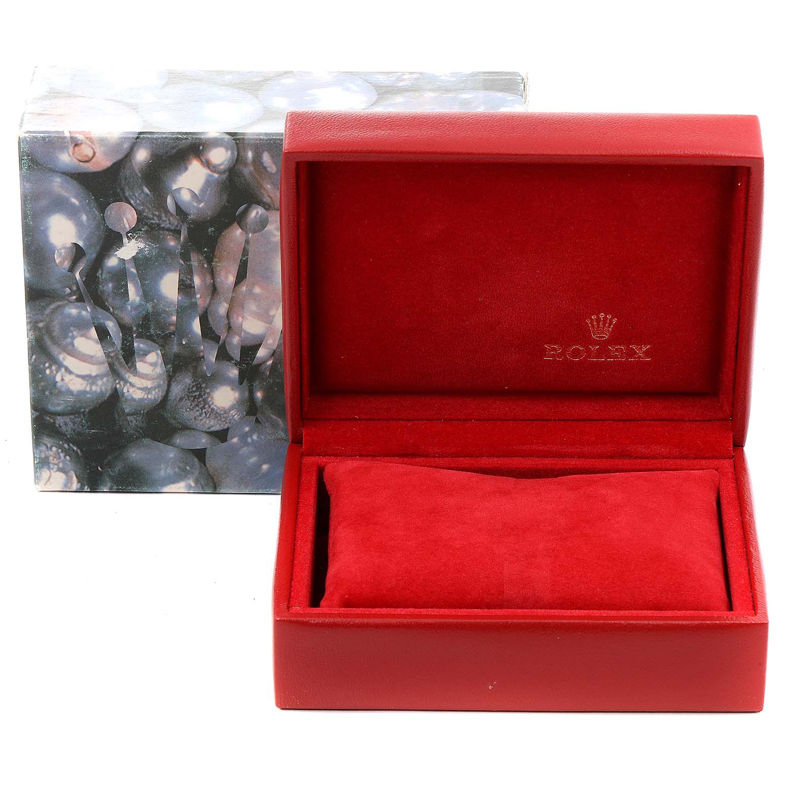 The image shows a Rolex Datejust 79173 Women's Steel and Gold (two tone) Mother of Pearl Dial 79173 Women's Steel and Gold (two tone) Mother of Pearl Dial watch box and cushion from a front angle.