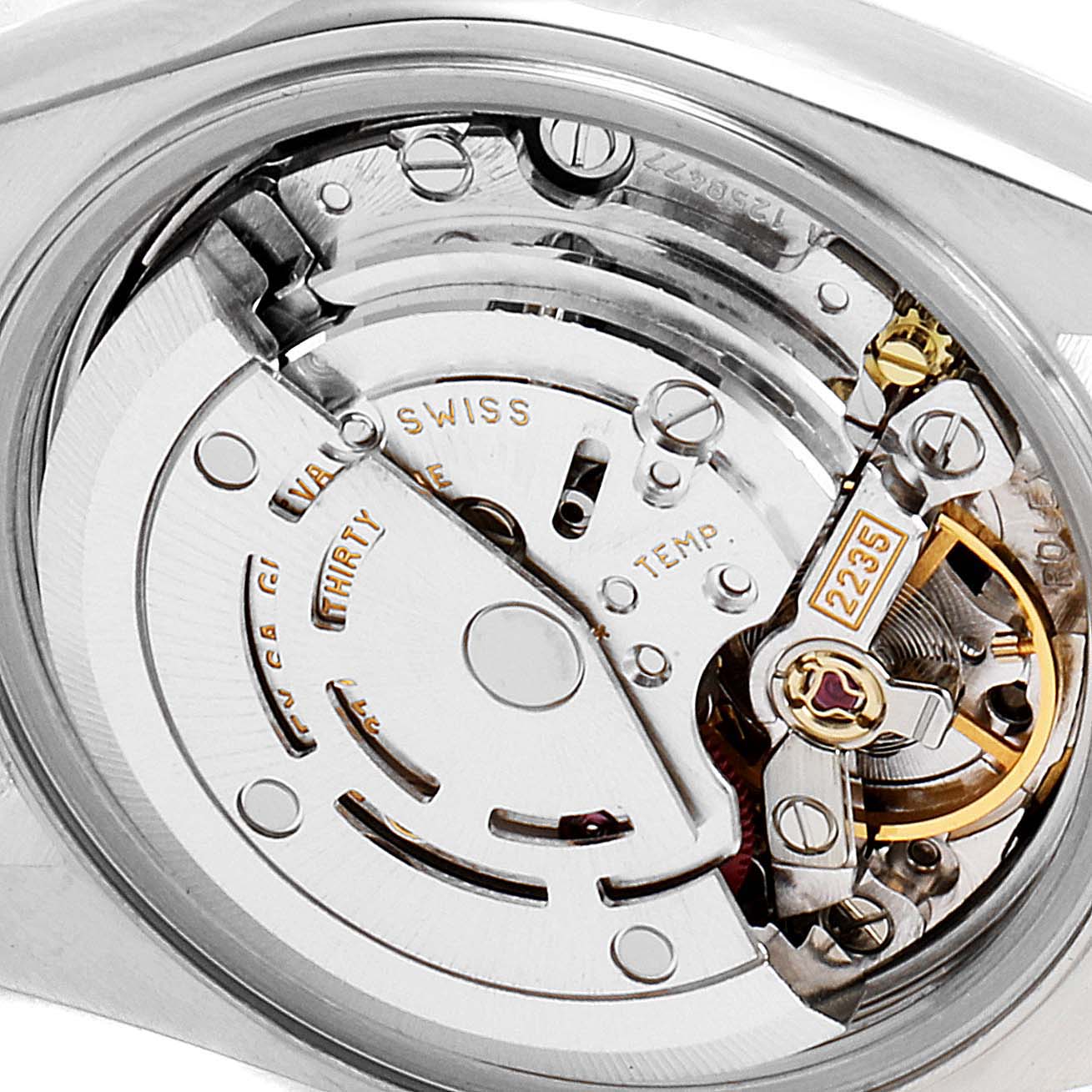 This image shows a close-up of the Rolex Datejust 79173 Women's Steel and Gold (two tone) Mother of Pearl Dial 79173 Women's Steel and Gold (two tone) Mother of Pearl Dial movement, specifically the intricate internal mechanism.