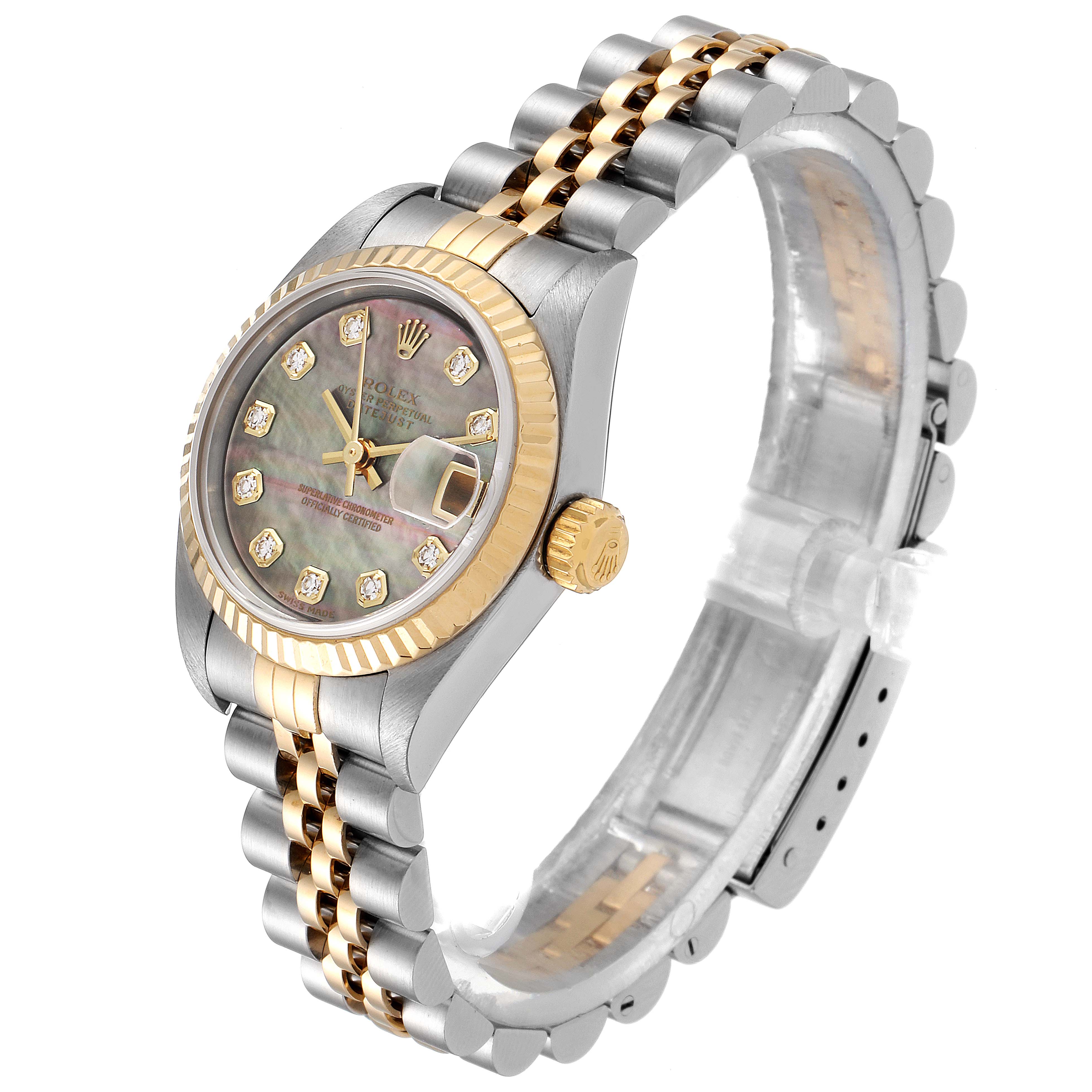 The image shows a Rolex Datejust 79173 Women's Steel and Gold (two tone) Mother of Pearl Dial 79173 Women's Steel and Gold (two tone) Mother of Pearl Dial watch angled to show its face, crown, and two-tone bracelet.