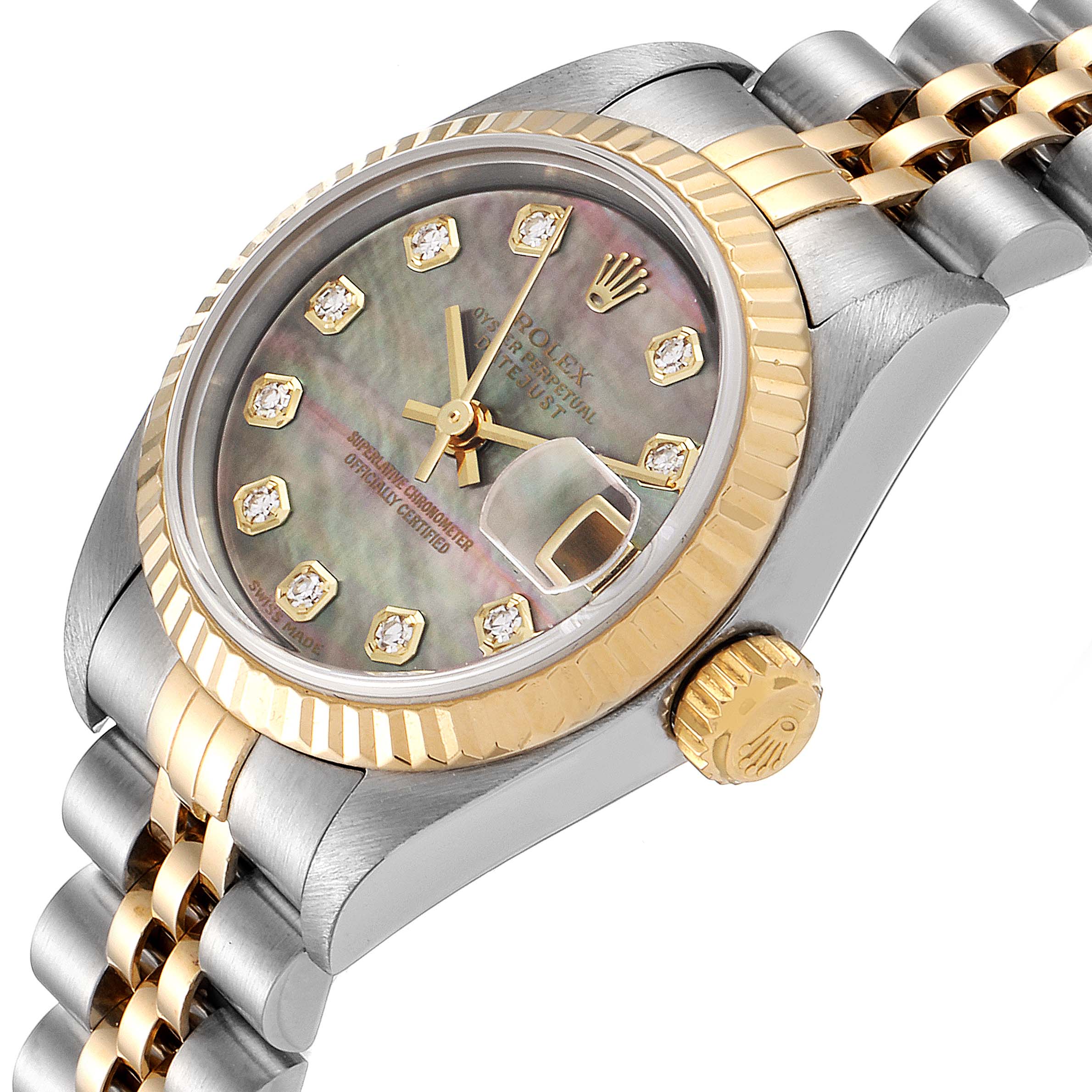 The image shows a Rolex Datejust 79173 Women's Steel and Gold (two tone) Mother of Pearl Dial 79173 Women's Steel and Gold (two tone) Mother of Pearl Dial watch at an angle highlighting its dial, crown, and a portion of the bracelet.