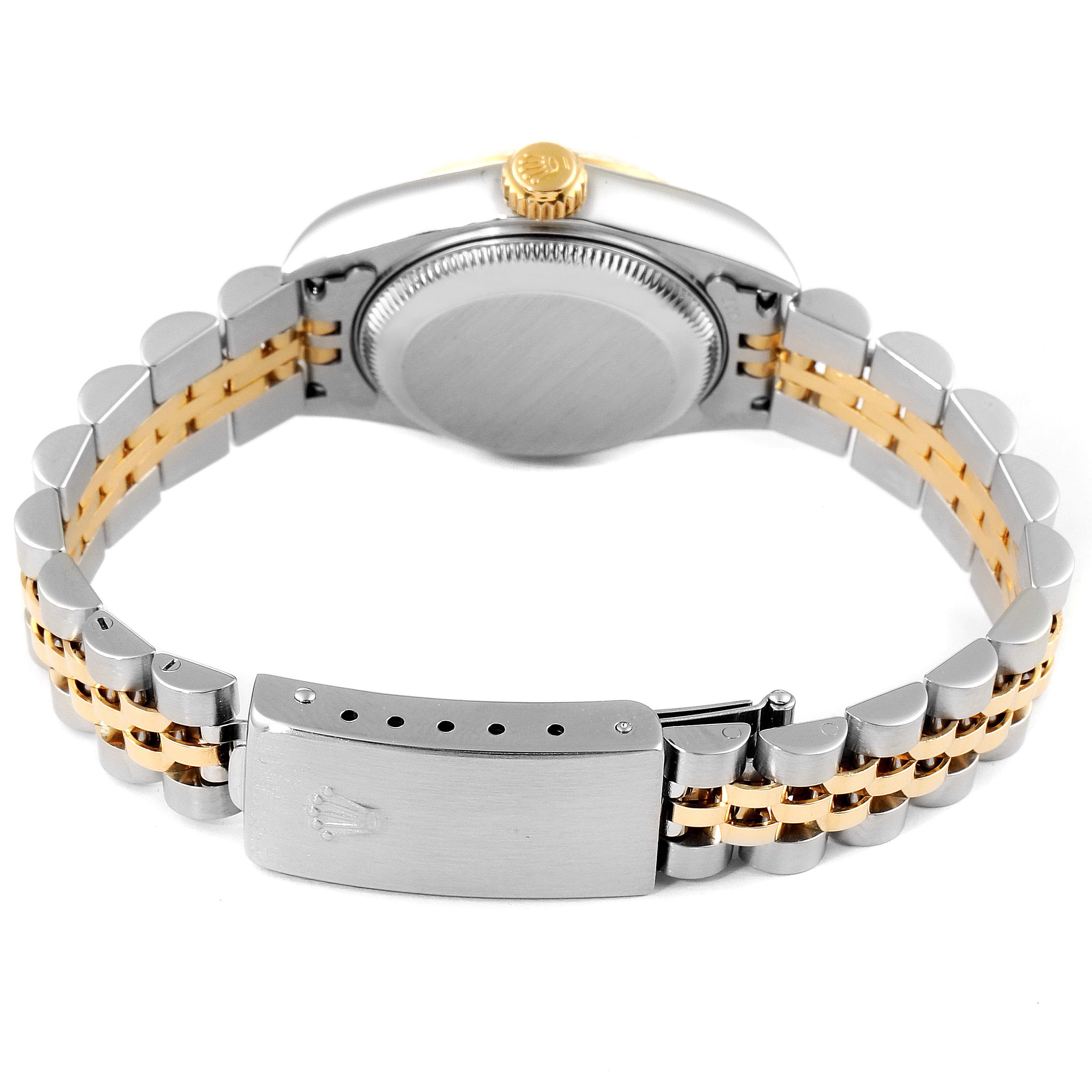 The image shows the back view of a Rolex Datejust 79173 Women's Steel and Gold (two tone) Mother of Pearl Dial 79173 Women's Steel and Gold (two tone) Mother of Pearl Dial watch, highlighting its case back, bracelet, and clasp.