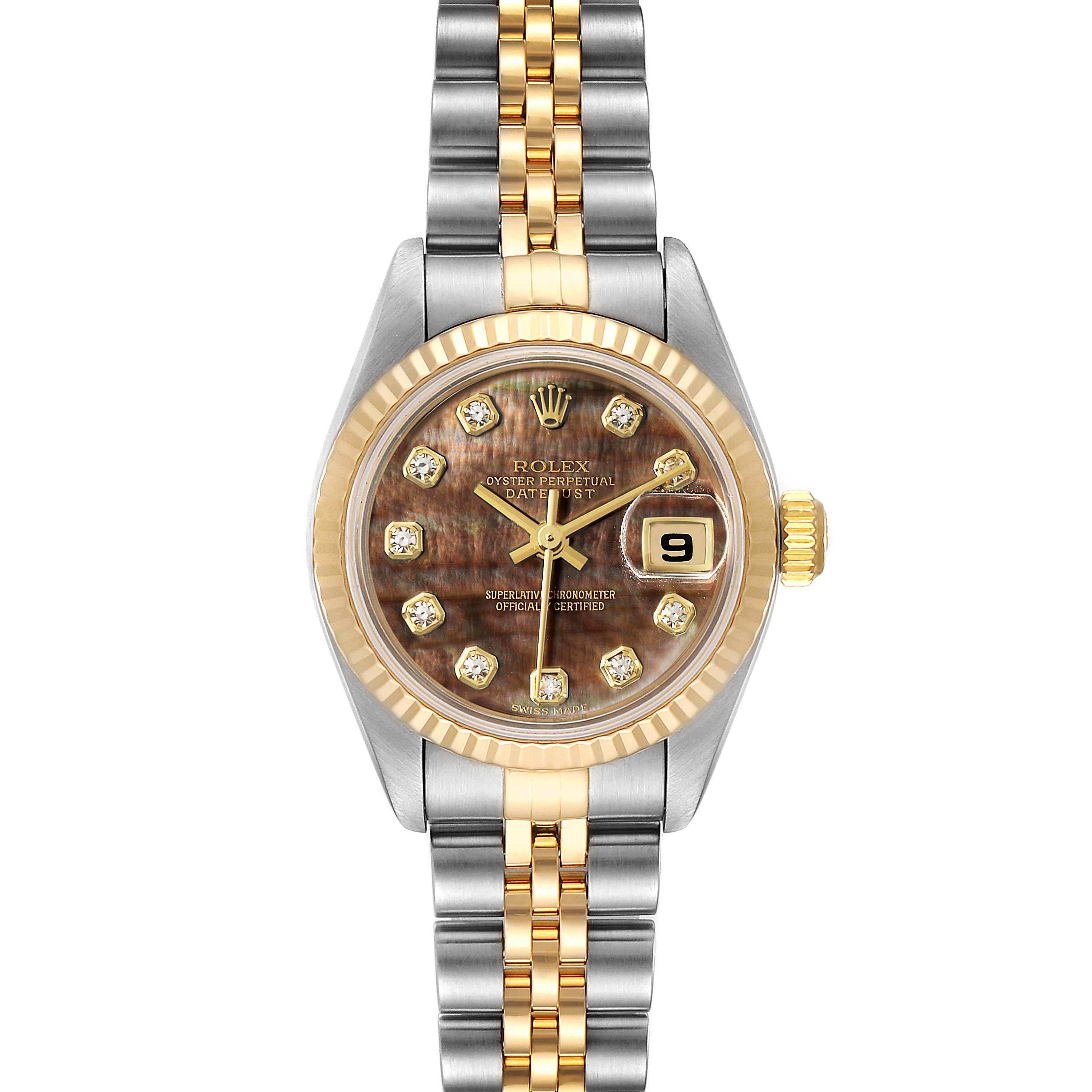 This image shows a Rolex Datejust 79173 Women's Steel and Gold (two tone) Mother of Pearl Dial 79173 Women's Steel and Gold (two tone) Mother of Pearl Dial watch front view, displaying its dial, bezel, crown, and two-tone bracelet.