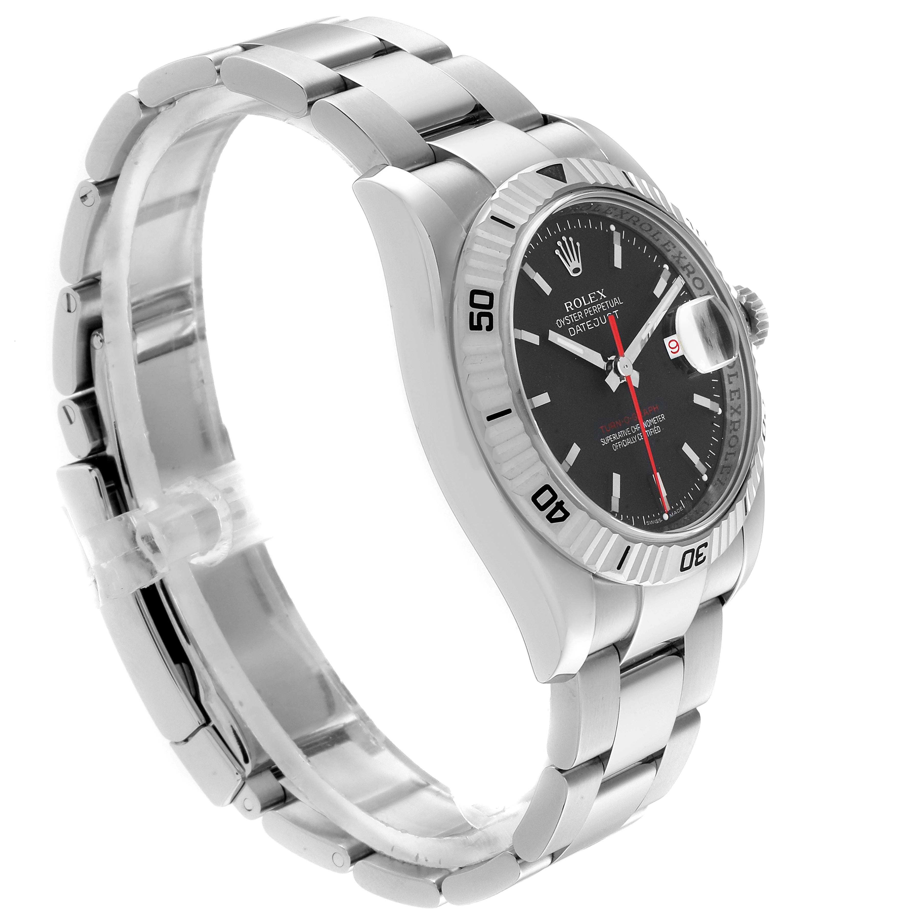 The image shows a side view of the Rolex Turn-o-Graph 116264 Men
s Stainless Steel Black Dial 116264 Men
s Stainless Steel Black Dial wristwatch, highlighting its bracelet, bezel, crown, and face.