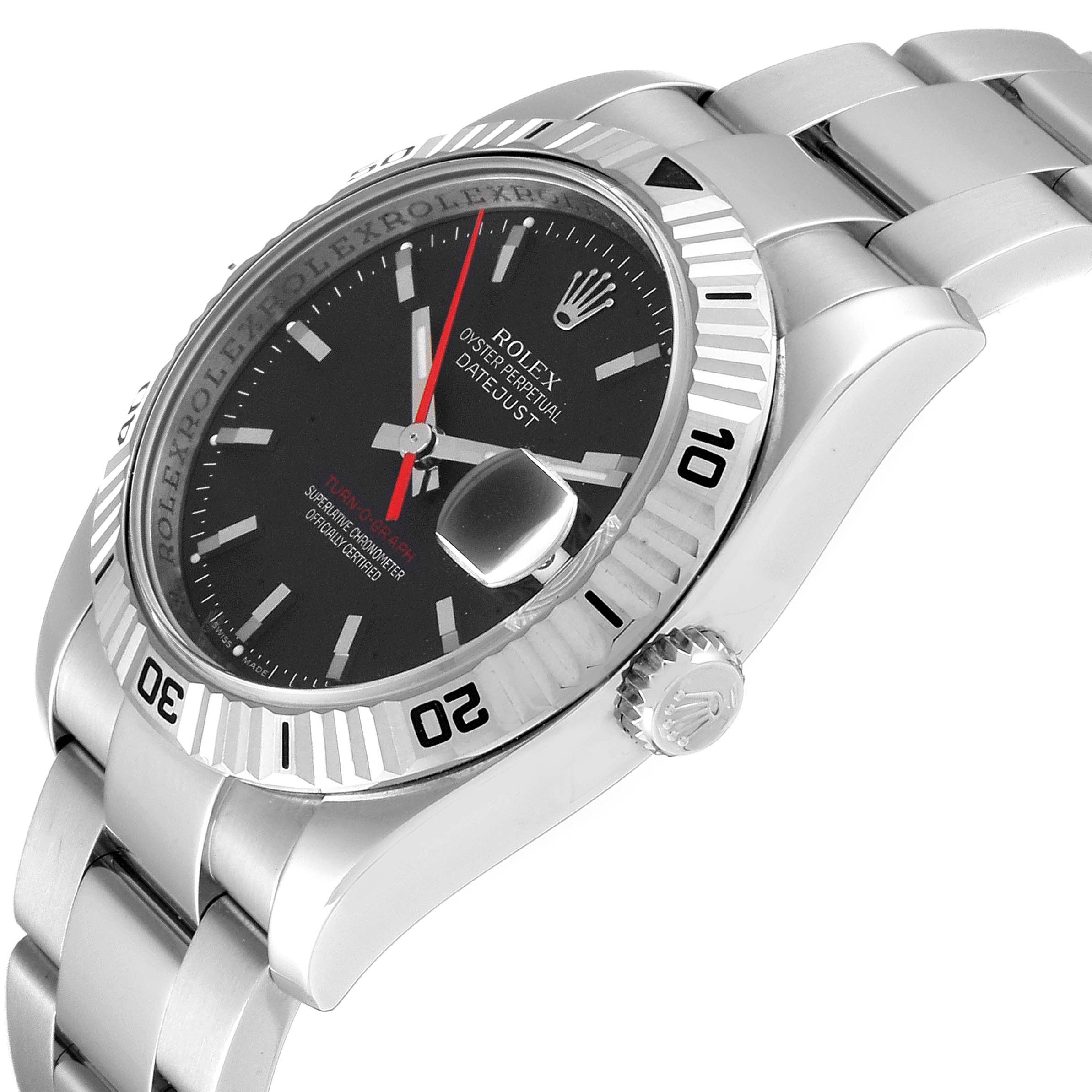 The image shows a side-angle view of the Rolex Turn-o-Graph 116264 Men
s Stainless Steel Black Dial 116264 Men
s Stainless Steel Black Dial model, highlighting the dial, bezel, and part of the bracelet.