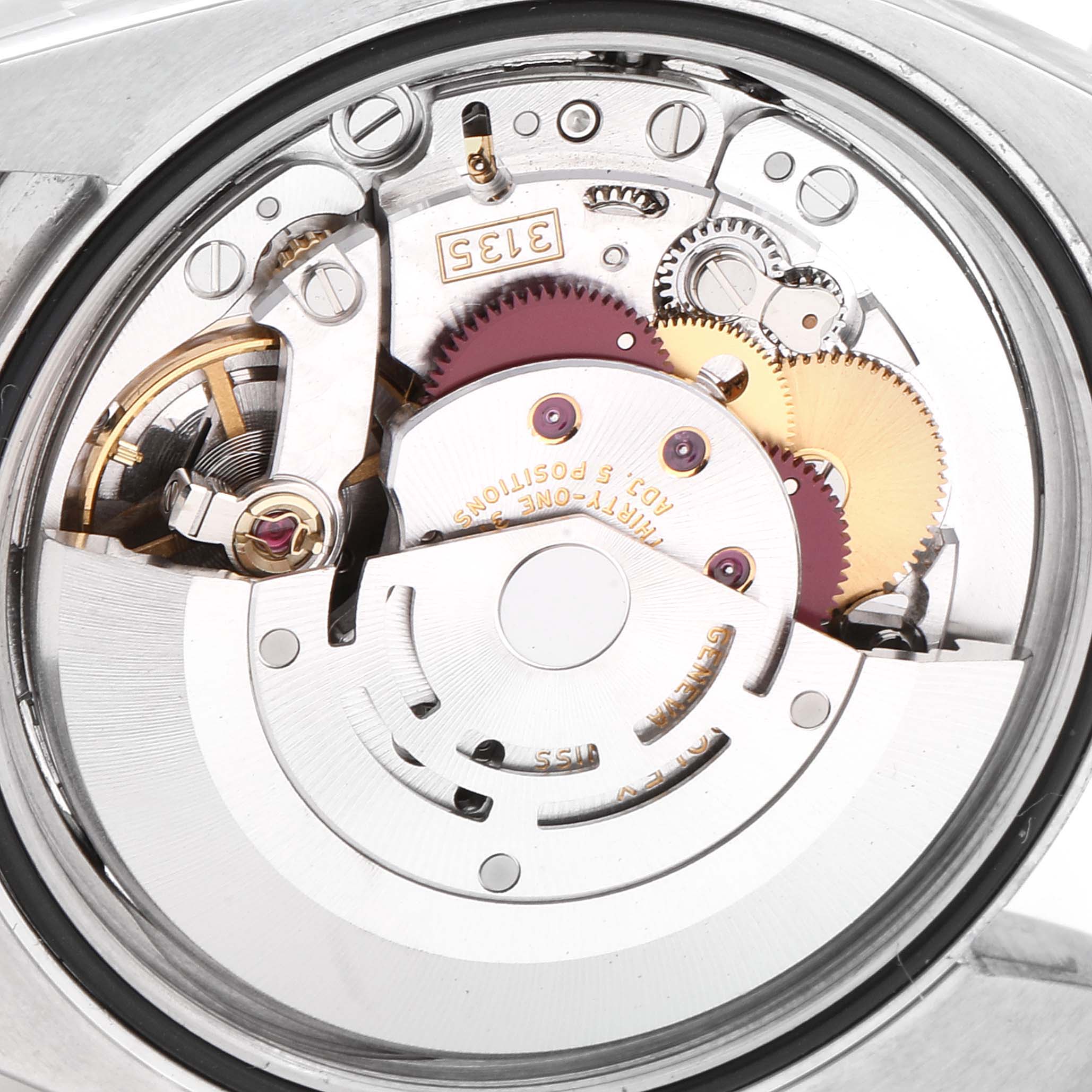 This image shows the internal mechanism of a Rolex Turn-o-Graph 116264 Men
s Stainless Steel Black Dial 116264 Men
s Stainless Steel Black Dial watch at a close-up angle.