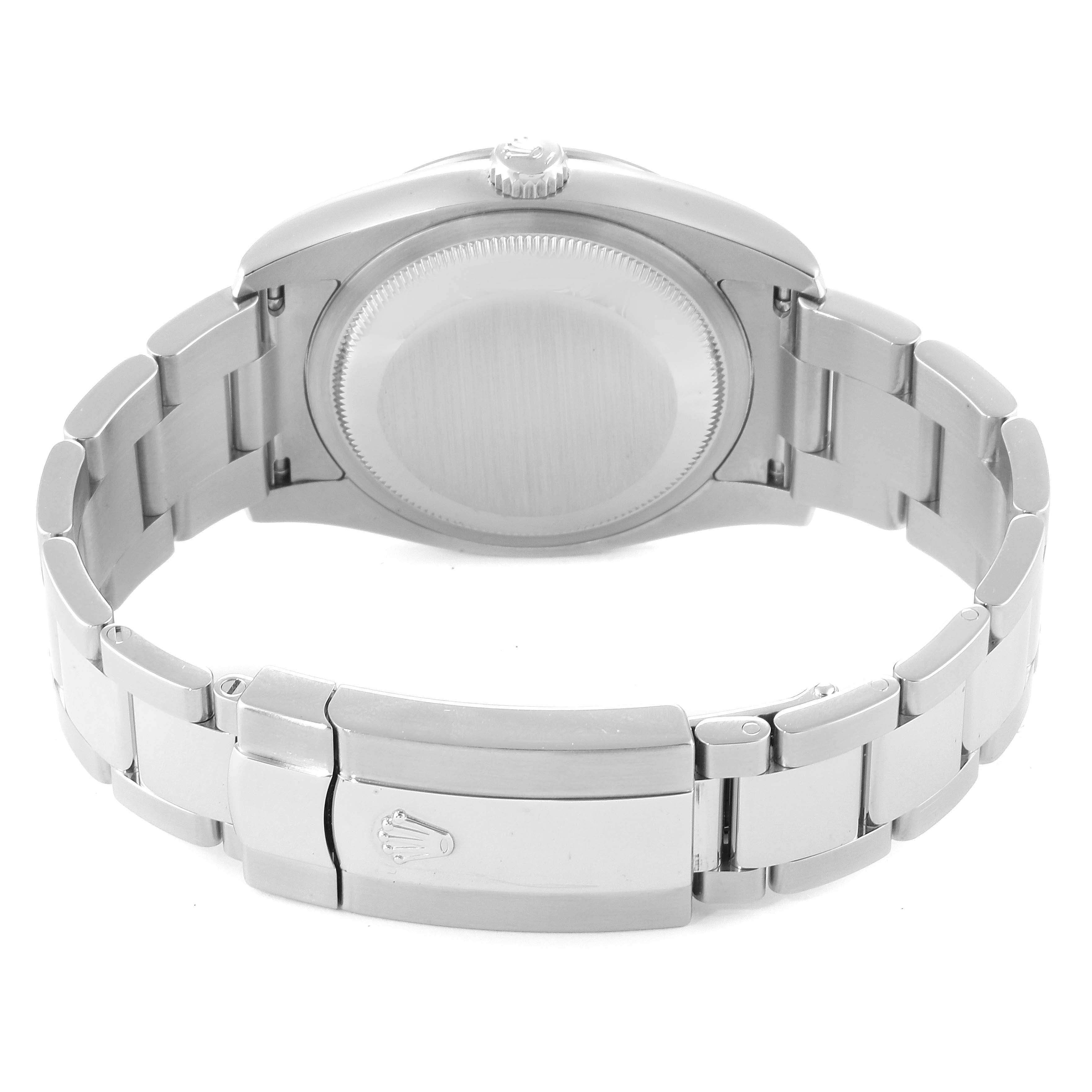 The image shows the back view of a Rolex Turn-o-Graph 116264 Men
s Stainless Steel Black Dial 116264 Men
s Stainless Steel Black Dial watch, focusing on the case back and the metal bracelet with the clasp.