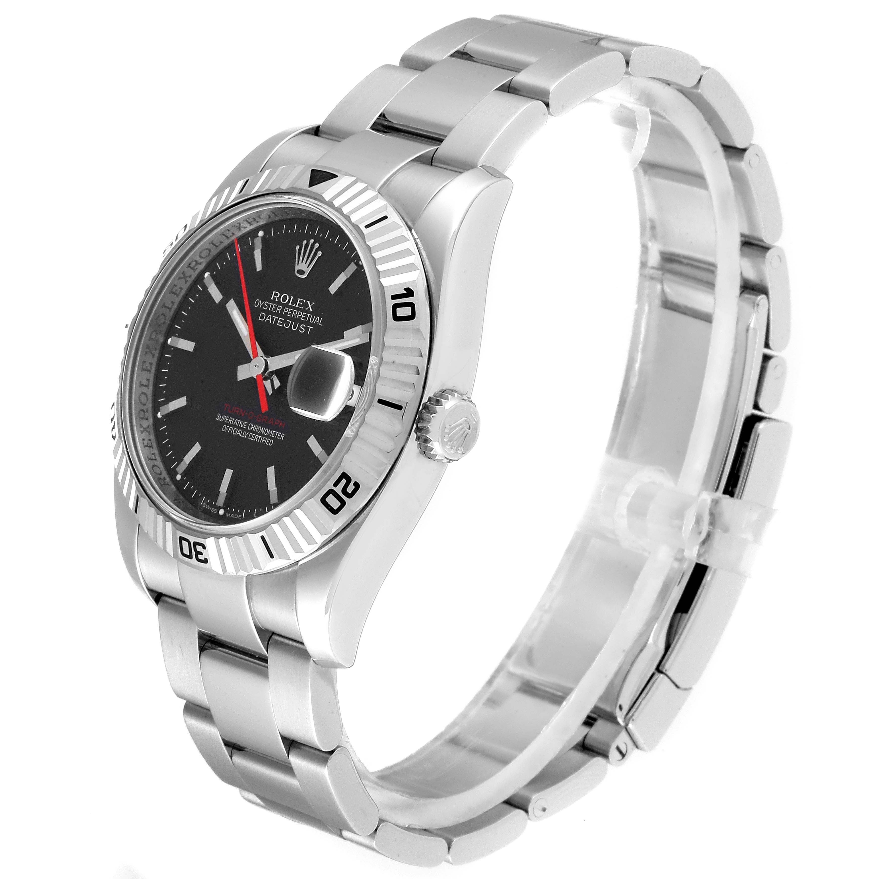 The image shows a side view angle of the Rolex Turn-o-Graph 116264 Men
s Stainless Steel Black Dial 116264 Men
s Stainless Steel Black Dial watch, highlighting the bracelet, case, bezel, and face.