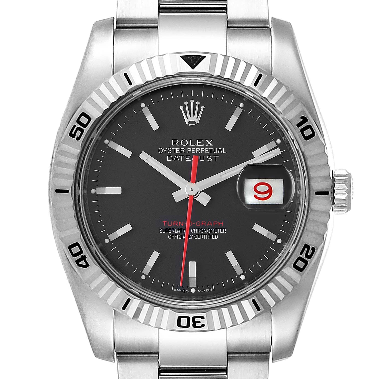 This image shows a front view of a Rolex Turn-o-Graph 116264 Men
s Stainless Steel Black Dial 116264 Men
s Stainless Steel Black Dial watch, highlighting its face, bezel, crown, and bracelet.