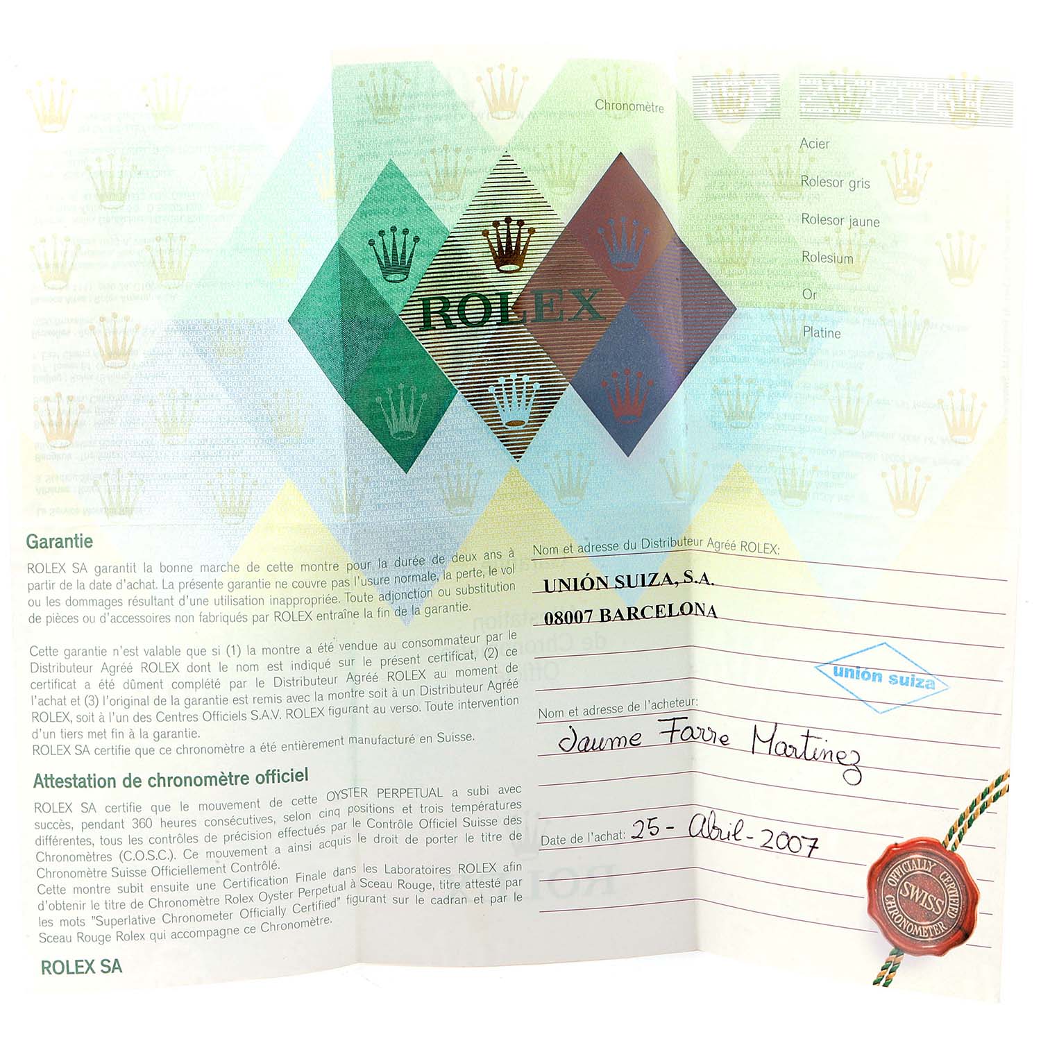 This image shows a Rolex Best Quality
ity and warranty certificate for the Turn-o-Graph model.