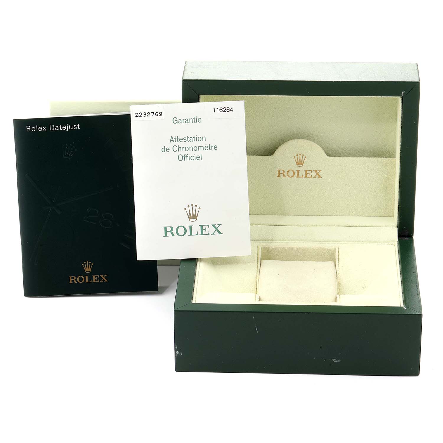 The image shows the box and documentation for the Rolex Turn-o-Graph 116264 Men
s Stainless Steel Black Dial 116264 Men
s Stainless Steel Black Dial model, featuring a green watch box and certificates.