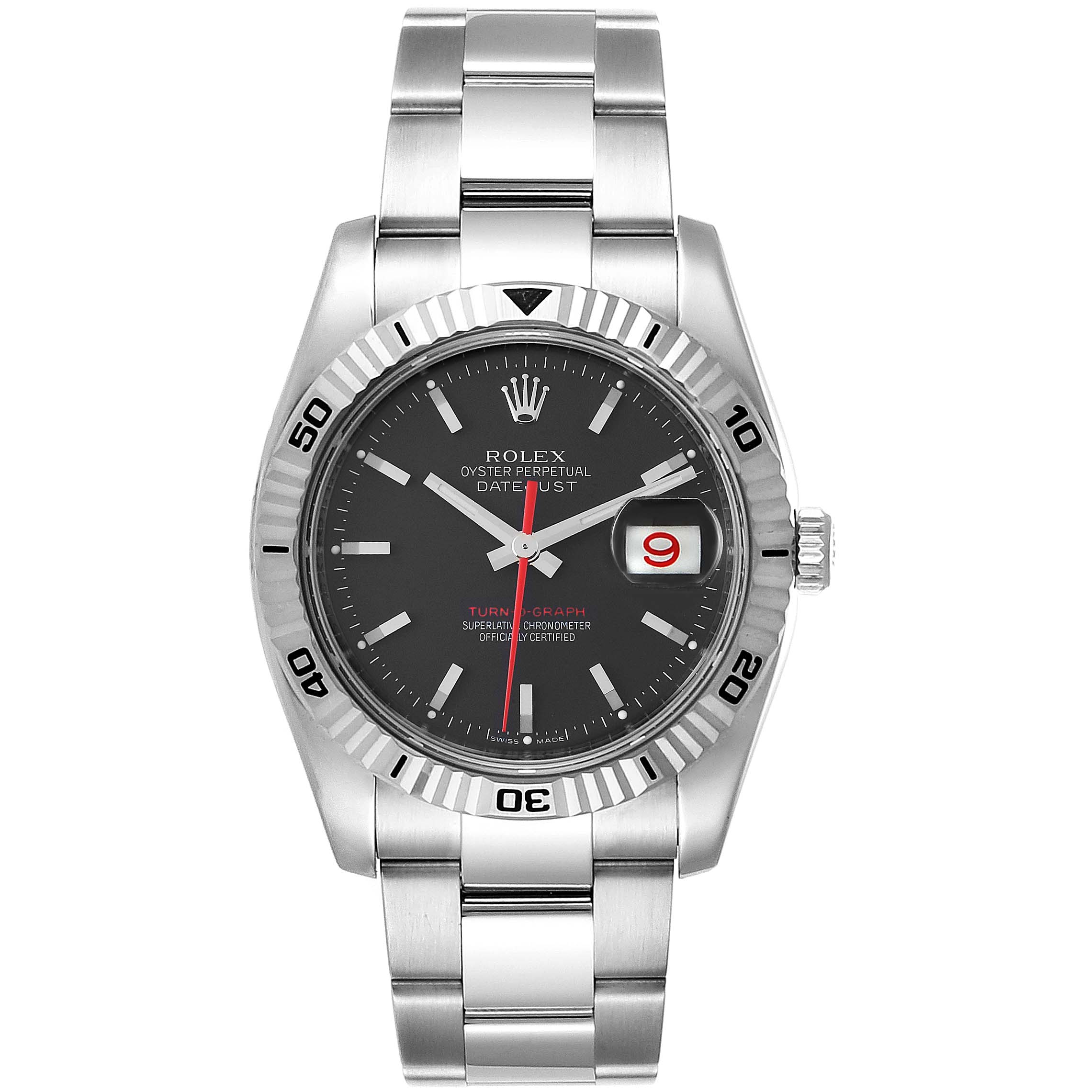 The image shows a front view of the Rolex Turn-o-Graph 116264 Men
s Stainless Steel Black Dial 116264 Men
s Stainless Steel Black Dial watch displaying its dial, bezel, and bracelet.