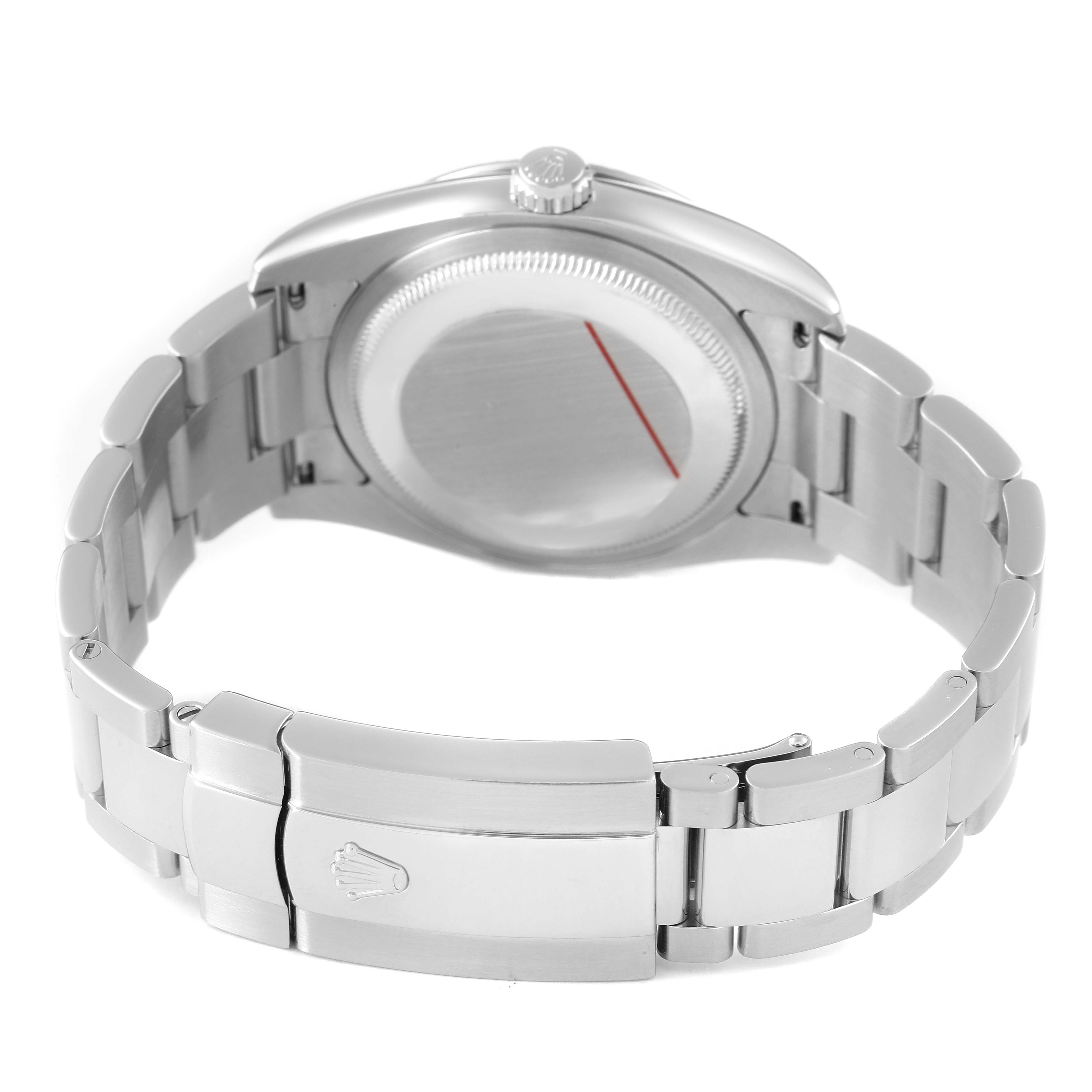 The Rolex Turn-o-Graph 116264 Men's Stainless Steel Blue Dial watch is shown from the back, highlighting the case back, bracelet, and clasp.