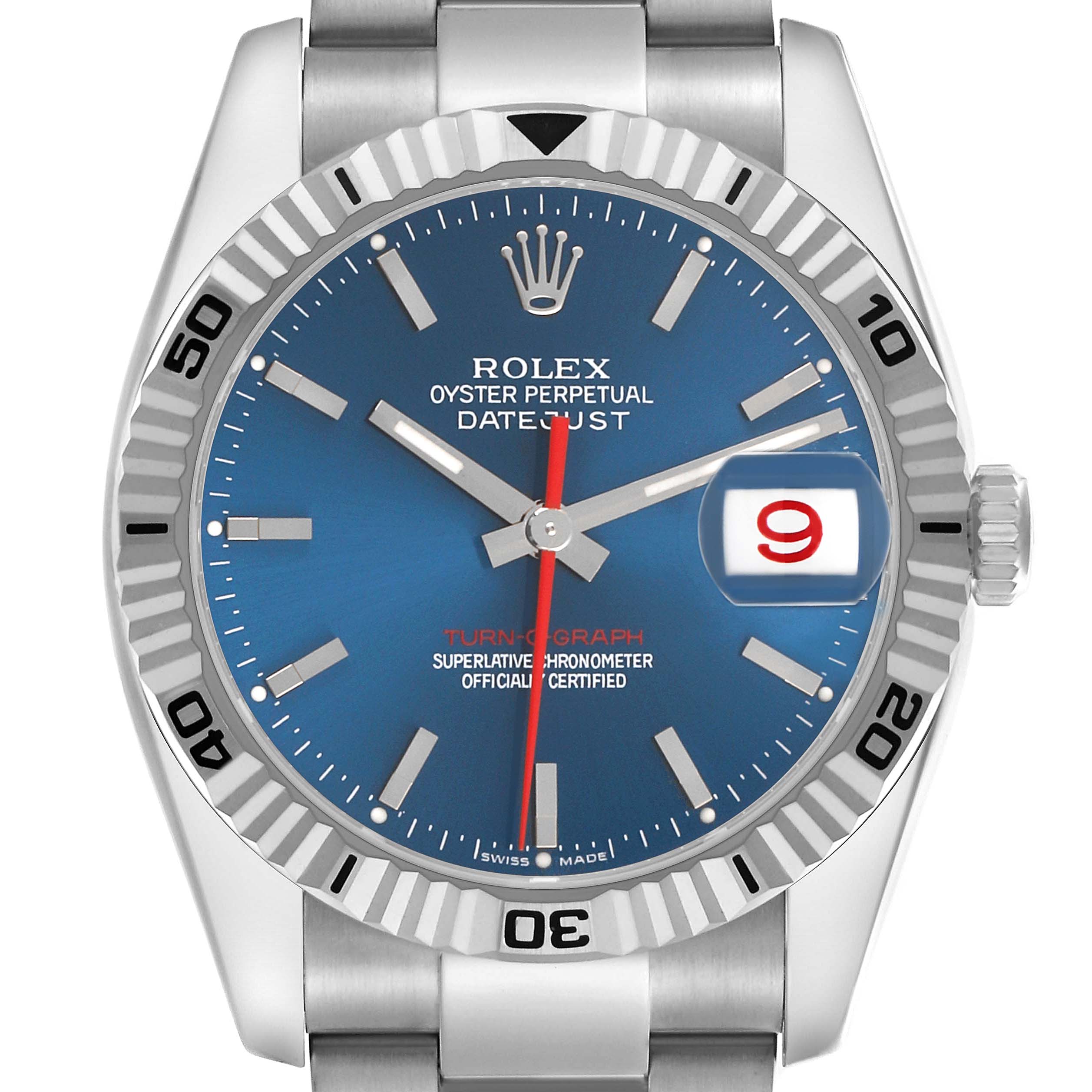 The image shows a front view of the Rolex Turn-o-Graph 116264 Men's Stainless Steel Blue Dial watch, highlighting the blue dial, bezel, and bracelet.
