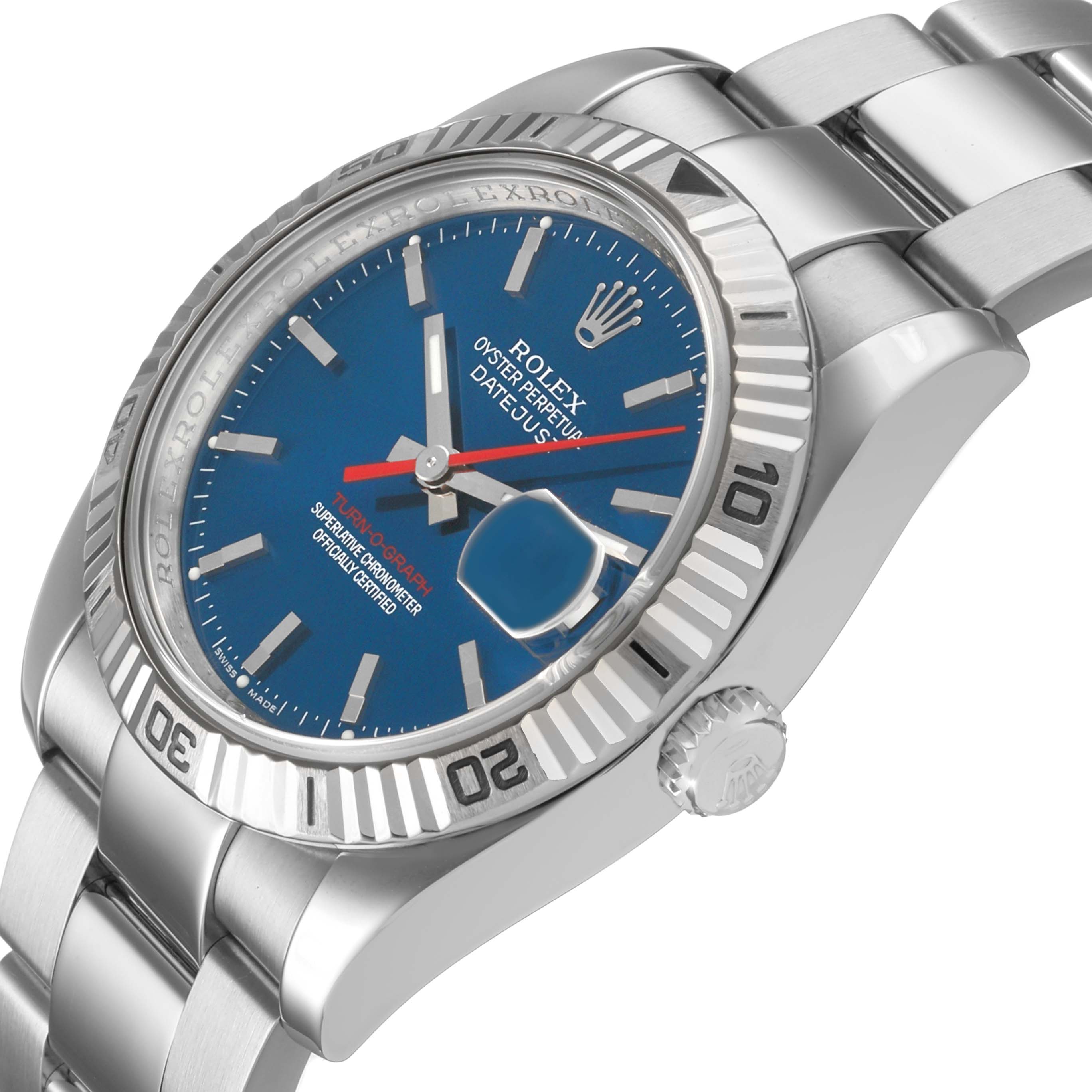 The Rolex Turn-o-Graph 116264 Men's Stainless Steel Blue Dial watch is shown at an angle highlighting the blue dial, bezel, bracelet, and crown.