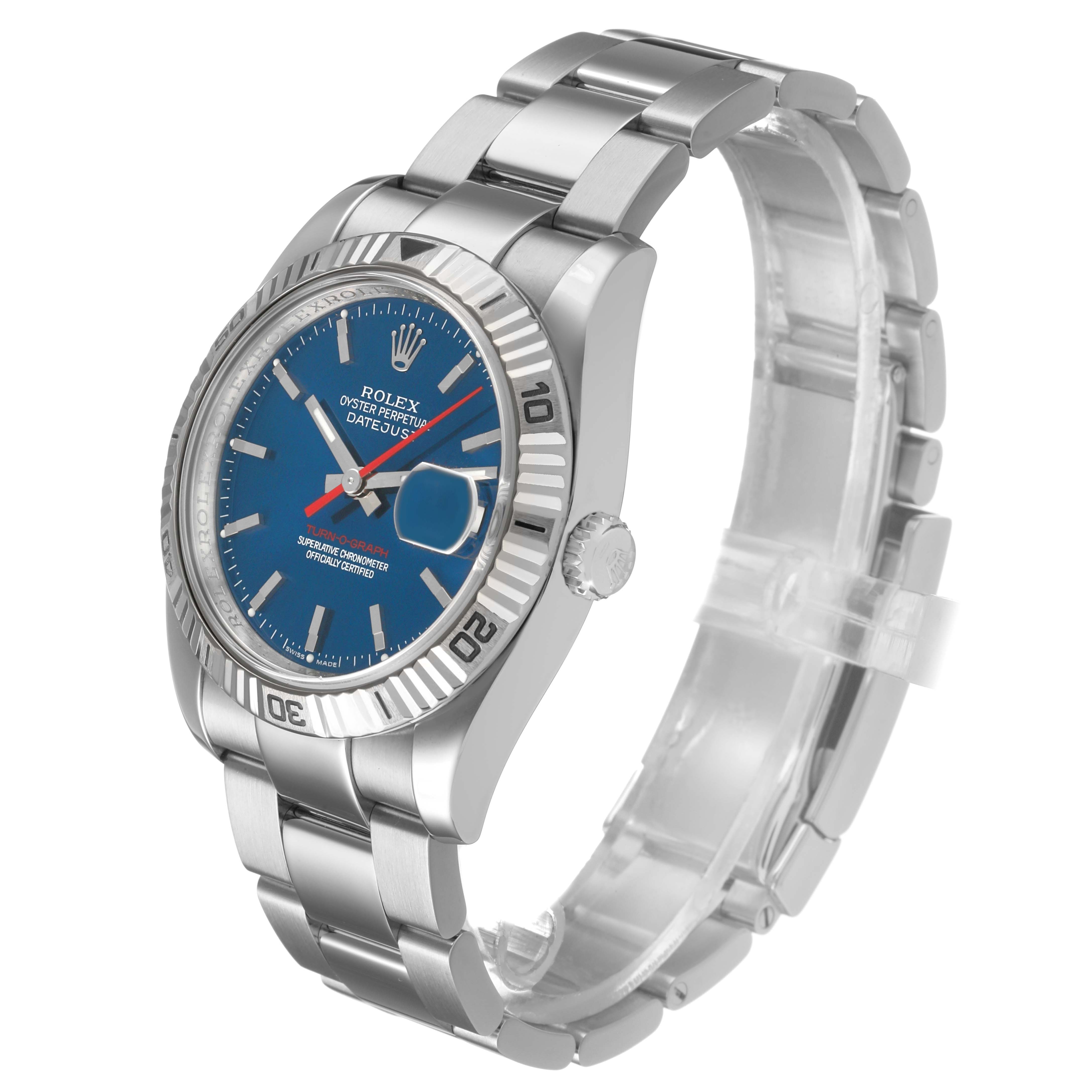 The Turn-o-Graph by Rolex is shown at a three-quarter angle, highlighting the bezel, dial, crown, and bracelet.