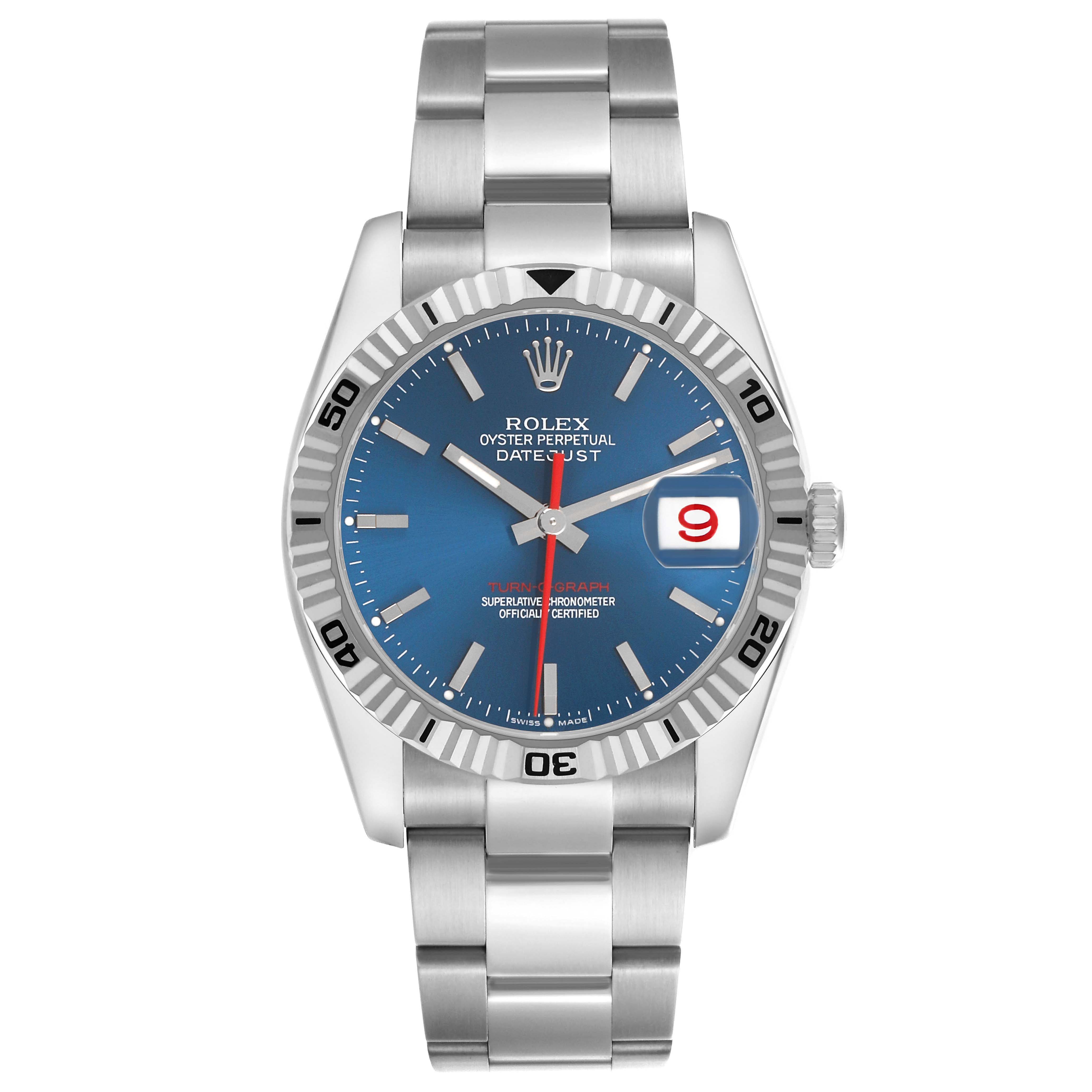 The Rolex Turn-o-Graph 116264 Men's Stainless Steel Blue Dial watch is shown from a top-down angle, highlighting its blue dial, bezel, and metal bracelet.