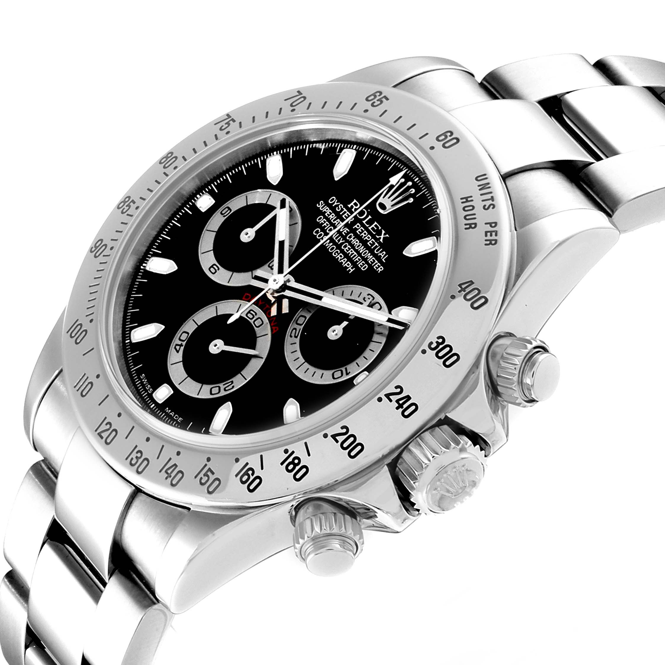 The image shows an angled close-up of the Rolex Daytona 116520 Men's Stainless Steel Black Dial 116520 Men's Stainless Steel Black Dial, highlighting the bezel, dial, subdials, crown, and part of the bracelet.