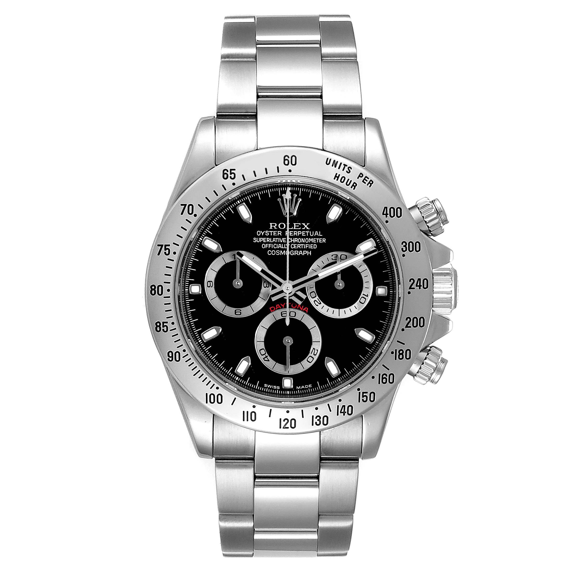 The image shows a Rolex Daytona 116520 Men's Stainless Steel Black Dial 116520 Men's Stainless Steel Black Dial watch from a front angle, displaying its dial, bezel, and bracelet.