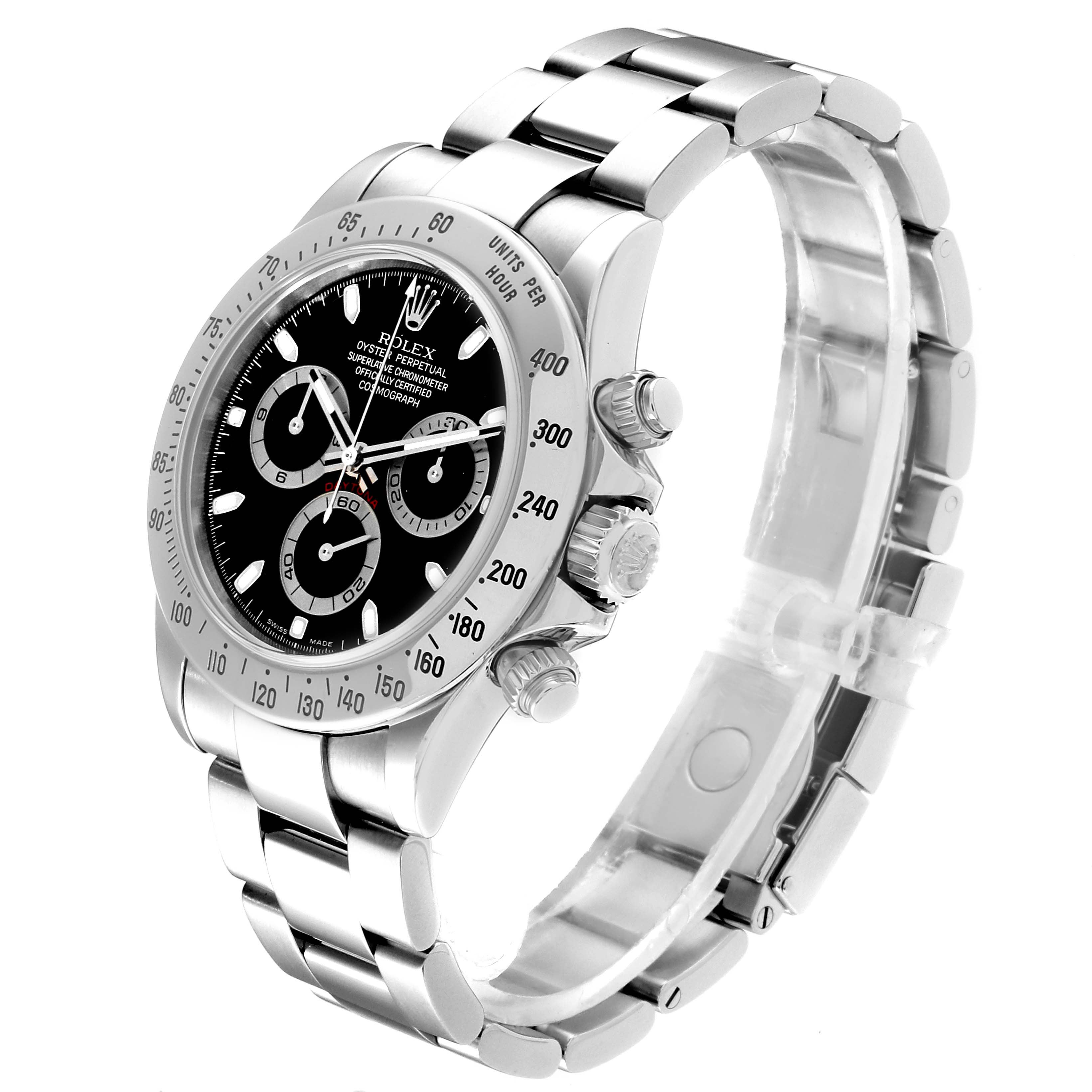 The image shows a side angle of a Rolex Daytona 116520 Men's Stainless Steel Black Dial 116520 Men's Stainless Steel Black Dial watch, highlighting the bezel, dial, and bracelet clasp.