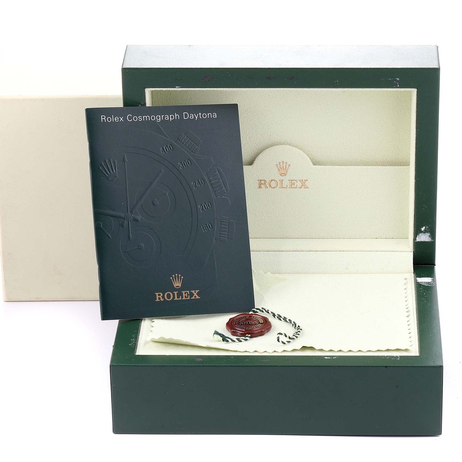 The image shows the outer case, manual, tag, and cloth for the Rolex Daytona 116520 Men's Stainless Steel Black Dial 116520 Men's Stainless Steel Black Dial watch set.