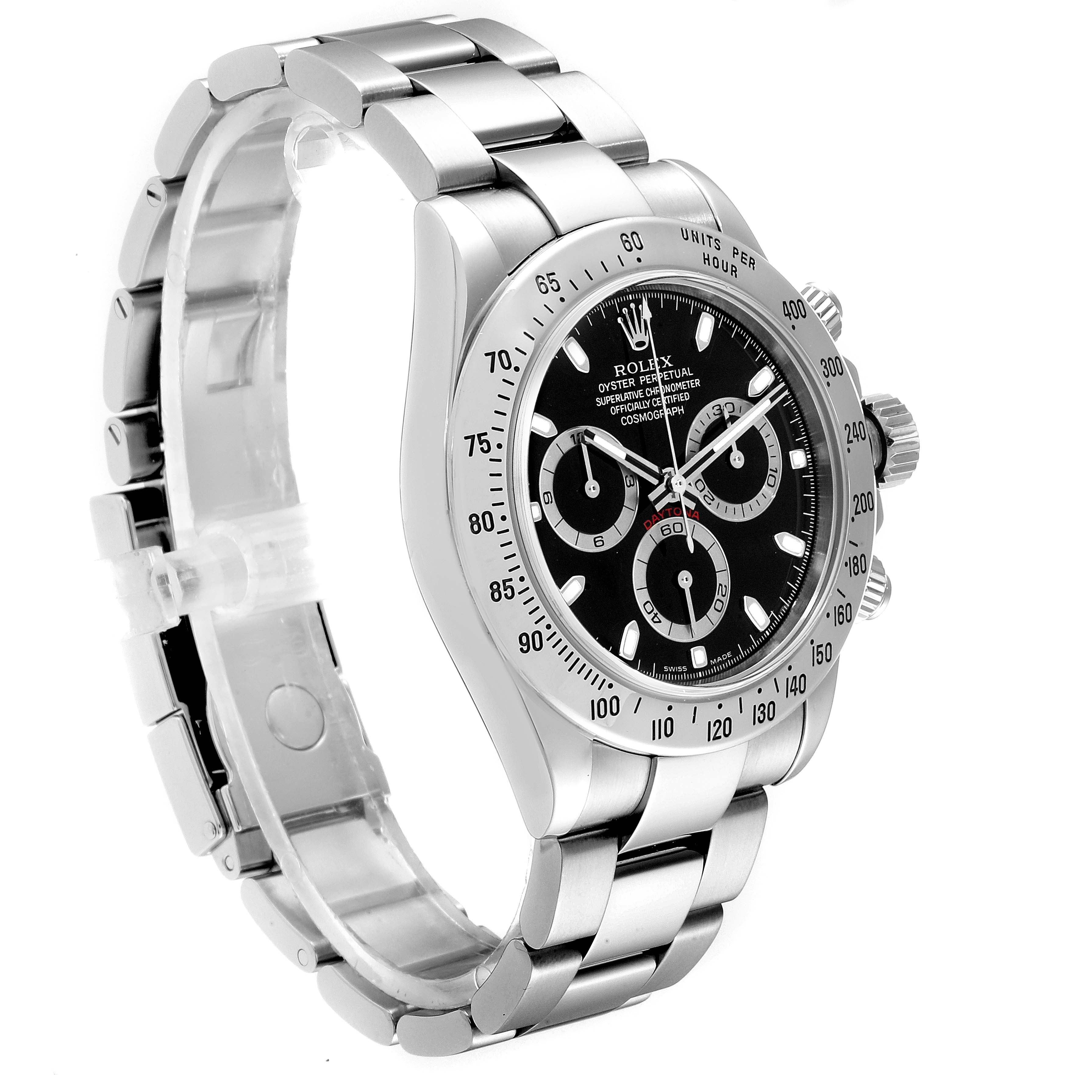 This Rolex Daytona 116520 Men's Stainless Steel Black Dial 116520 Men's Stainless Steel Black Dial watch is shown at a three-quarter angle displaying its bracelet, case, bezel, and dial.