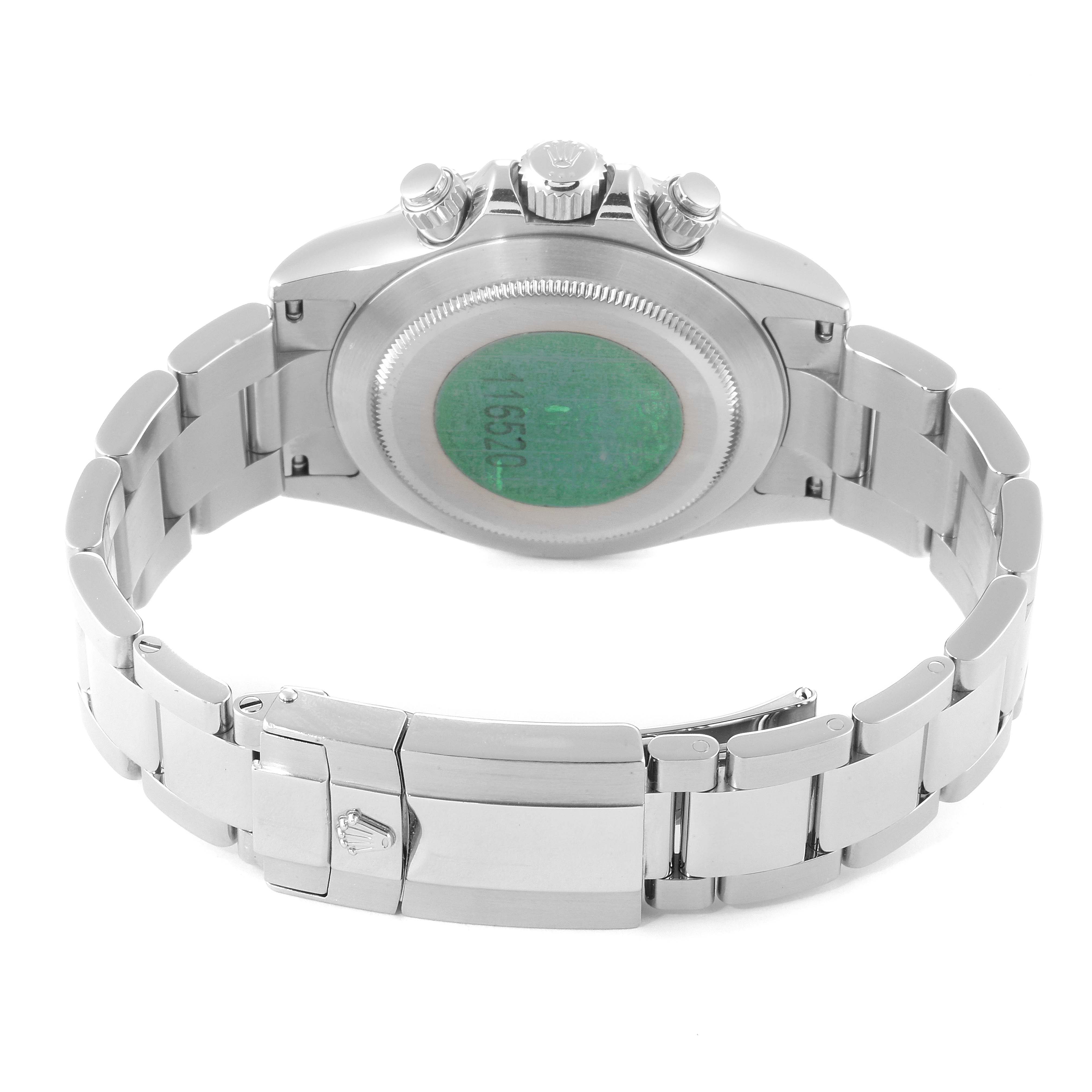 The image shows the back view of a Rolex Daytona 116520 Men's Stainless Steel Black Dial 116520 Men's Stainless Steel Black Dial watch, highlighting the case back and the bracelet clasp.