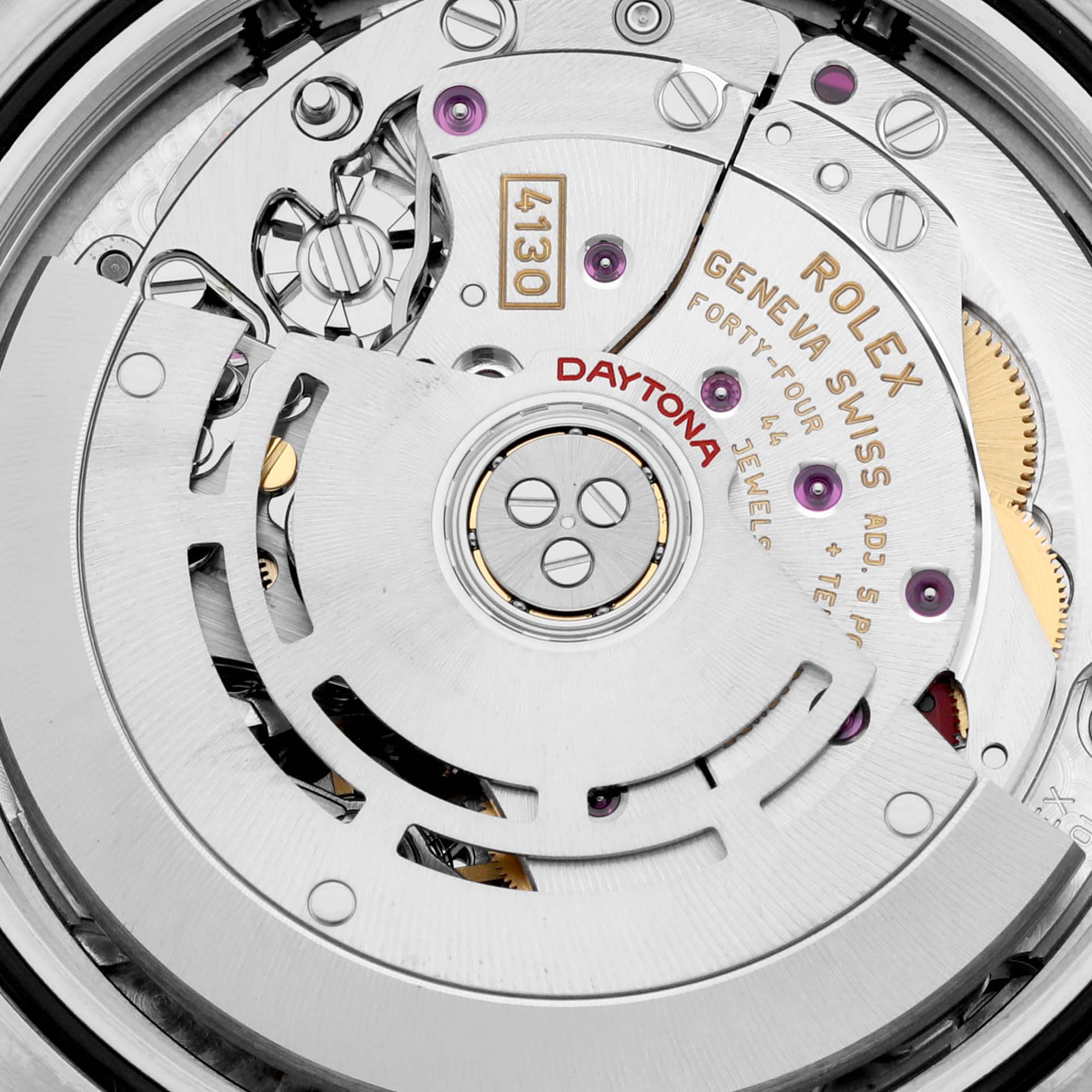 This image shows a close-up of the Rolex Daytona 116500LN Men's Stainless Steel White Dial 116500LN Men's Stainless Steel White Dial's inner mechanism and movement components.