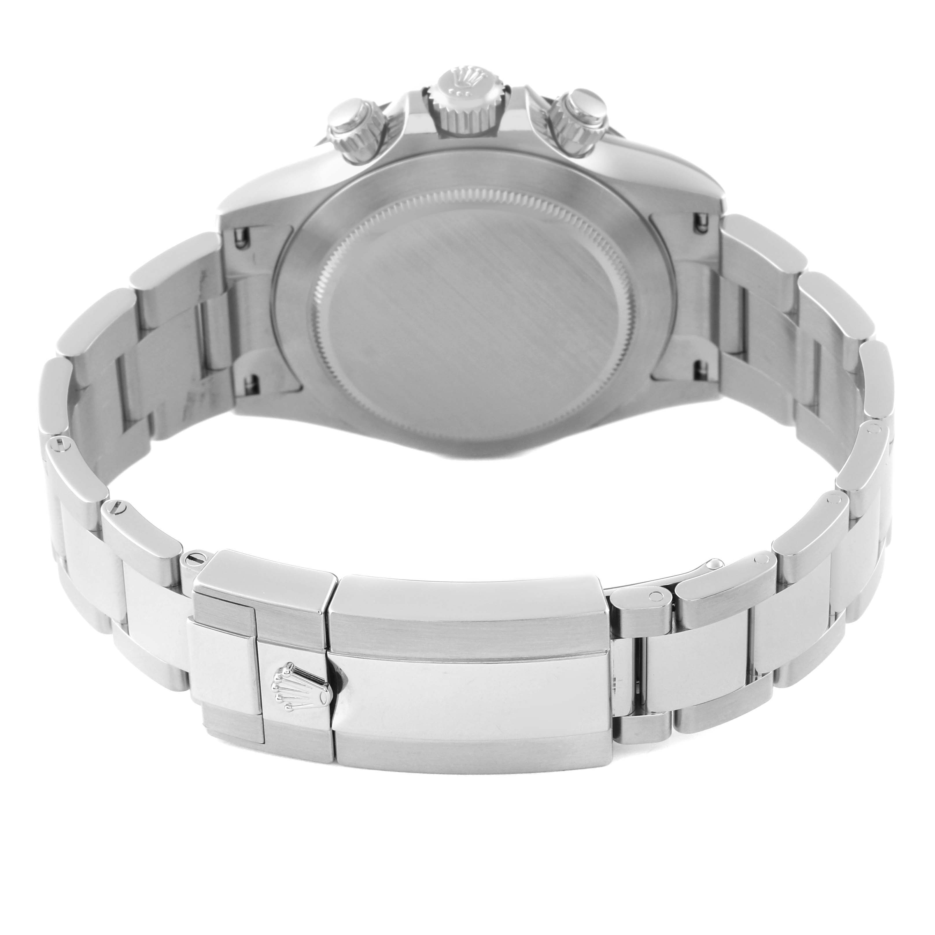 The image shows the back case and bracelet of a Rolex Daytona 116500LN Men's Stainless Steel White Dial 116500LN Men's Stainless Steel White Dial watch from a rear angle.