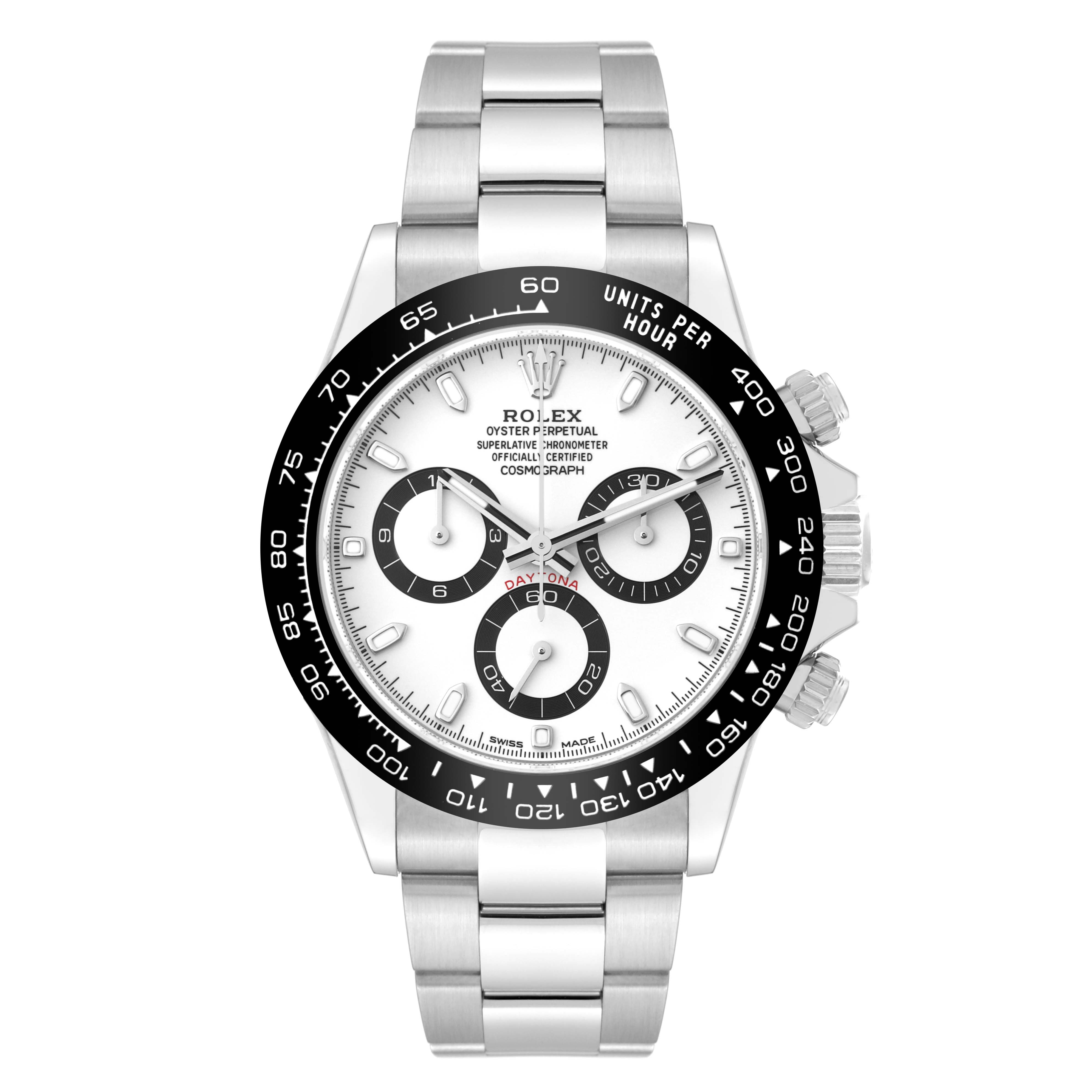 The image shows a front view of a Rolex Daytona 116500LN Men's Stainless Steel White Dial 116500LN Men's Stainless Steel White Dial watch, highlighting the dial, bezel, bracelet, and chronograph pushers.